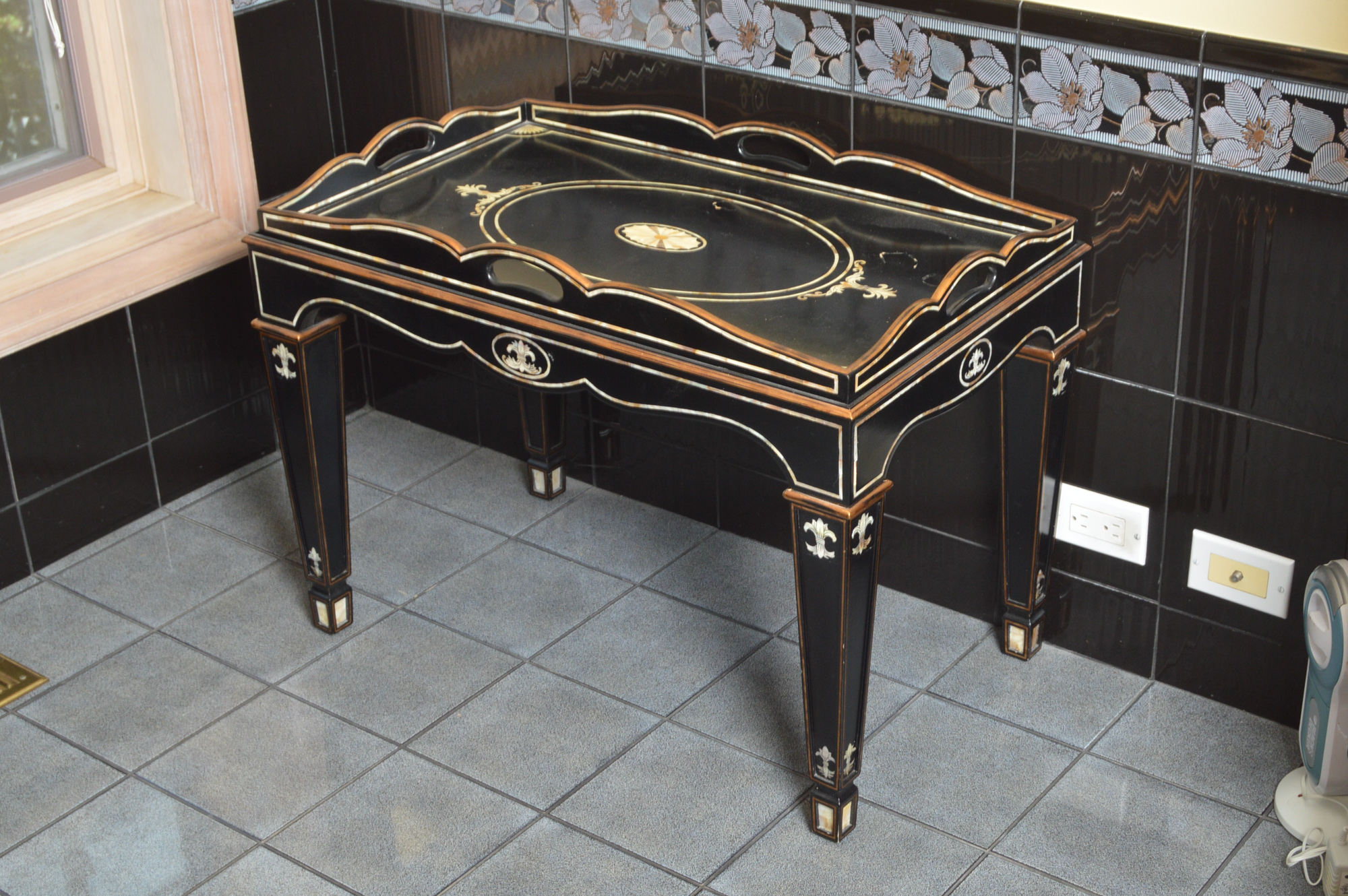 Black Butler's Tray Table with Mother of Pearl Inlays