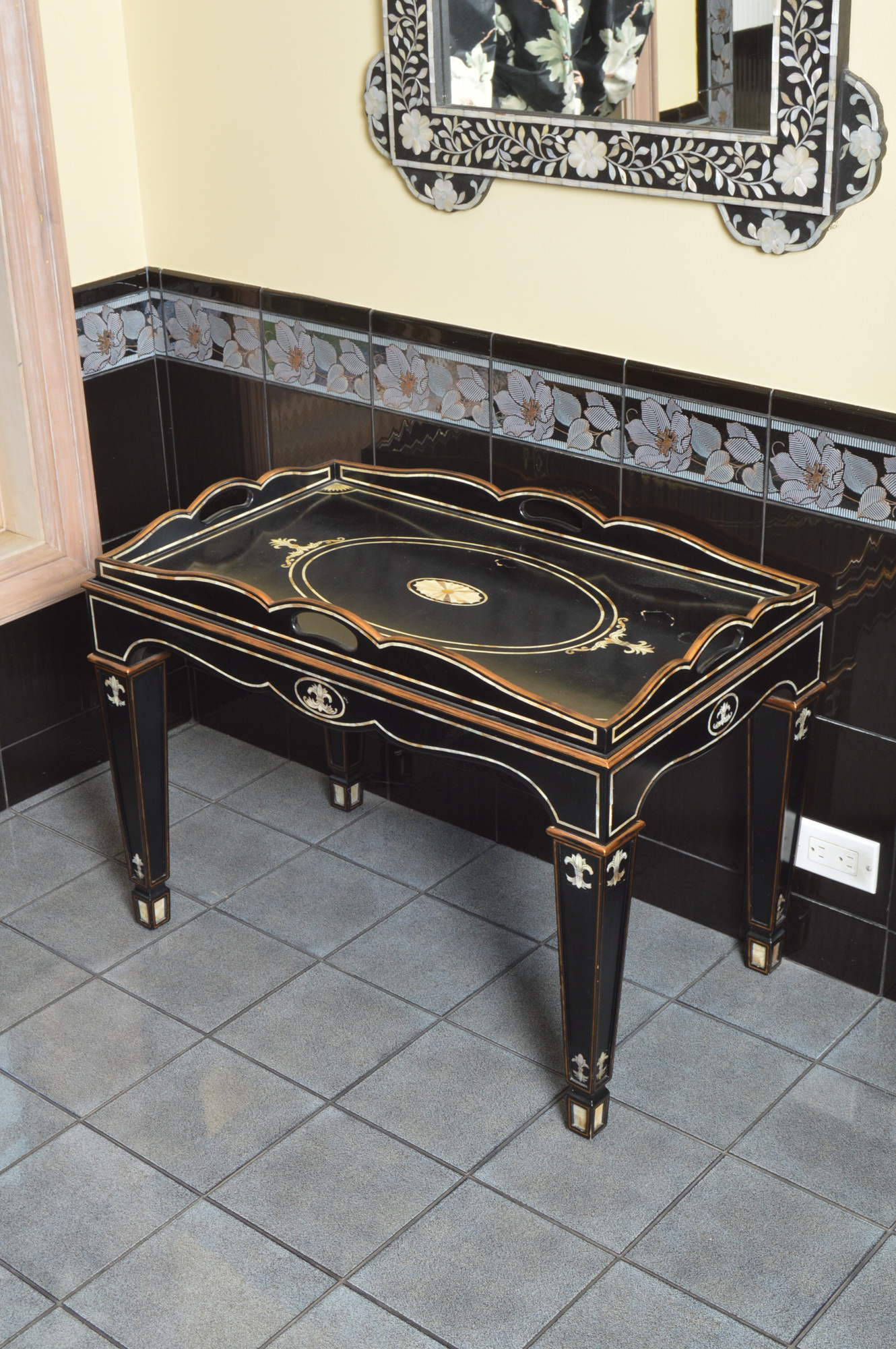 Black Butler's Tray Table with Mother of Pearl Inlays