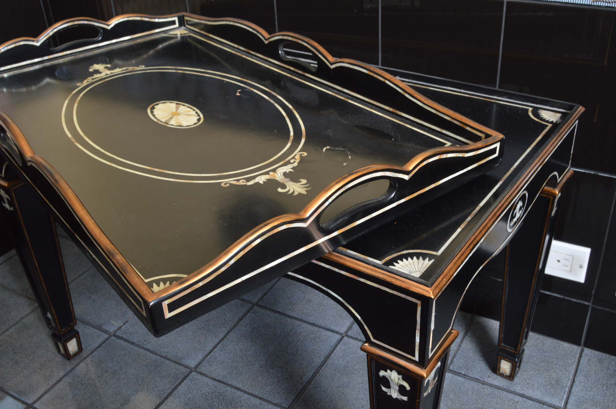 Black Butler's Tray Table with Mother of Pearl Inlays