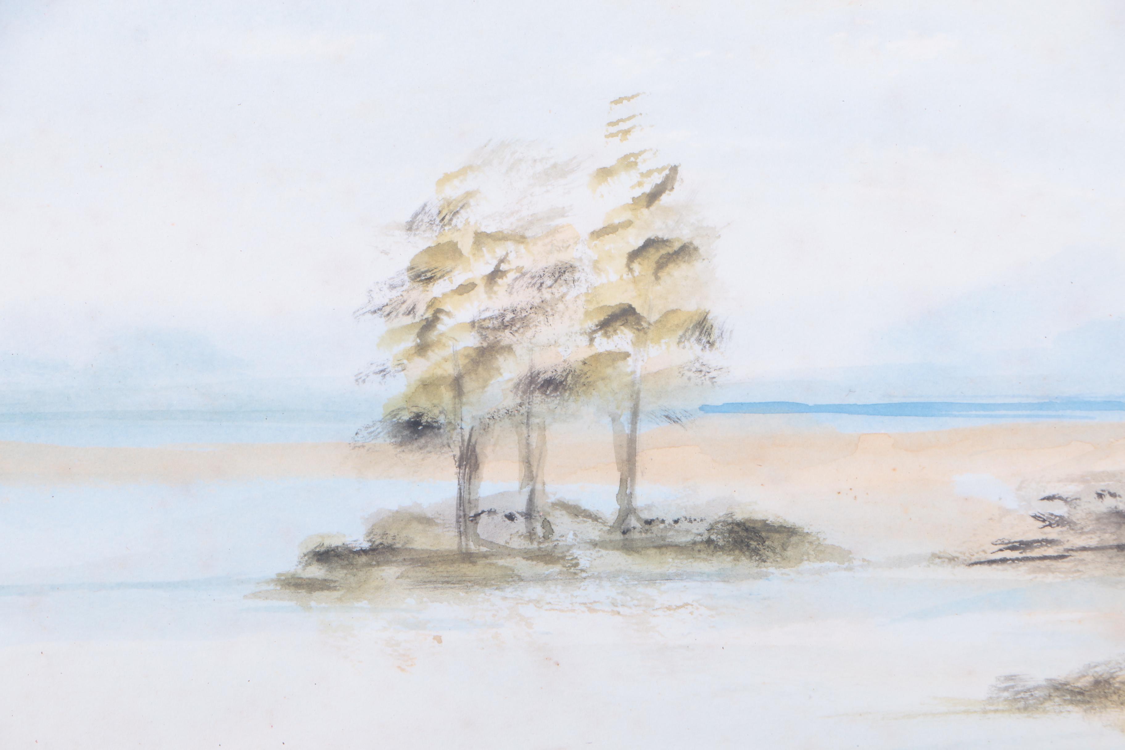 Watercolor Painting on Paper of Tree-Lined Waterfront