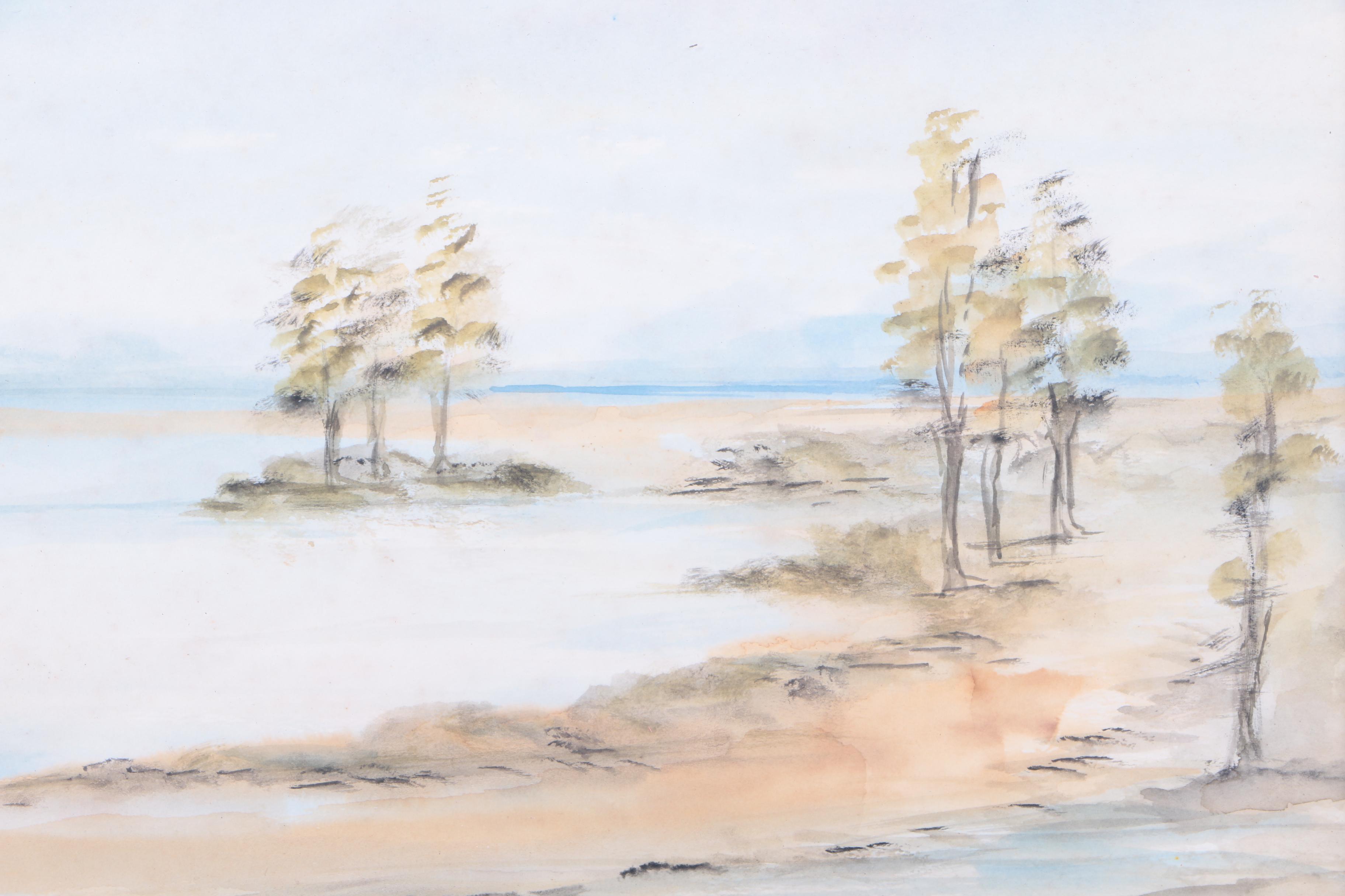 Watercolor Painting on Paper of Tree-Lined Waterfront