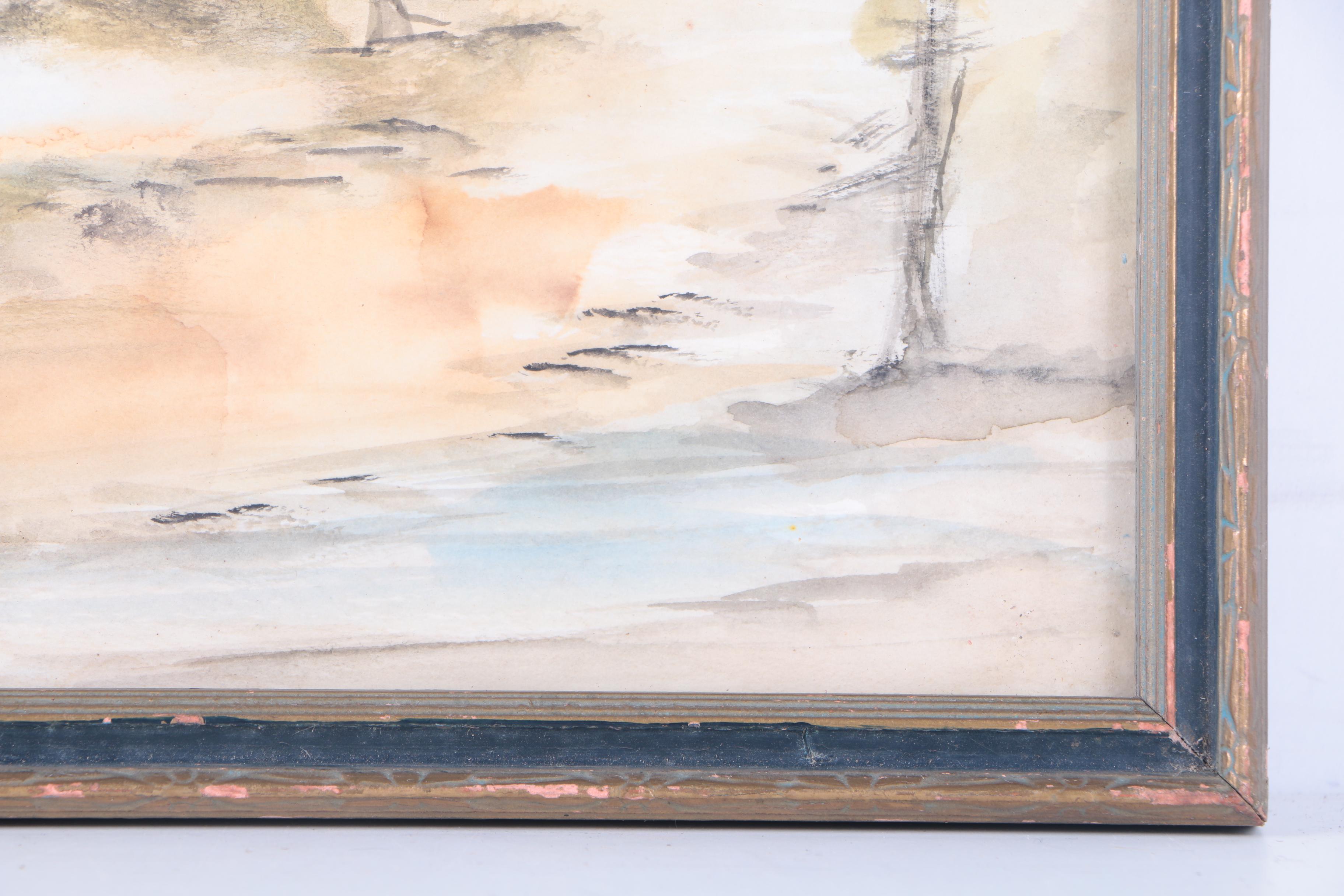 Watercolor Painting on Paper of Tree-Lined Waterfront