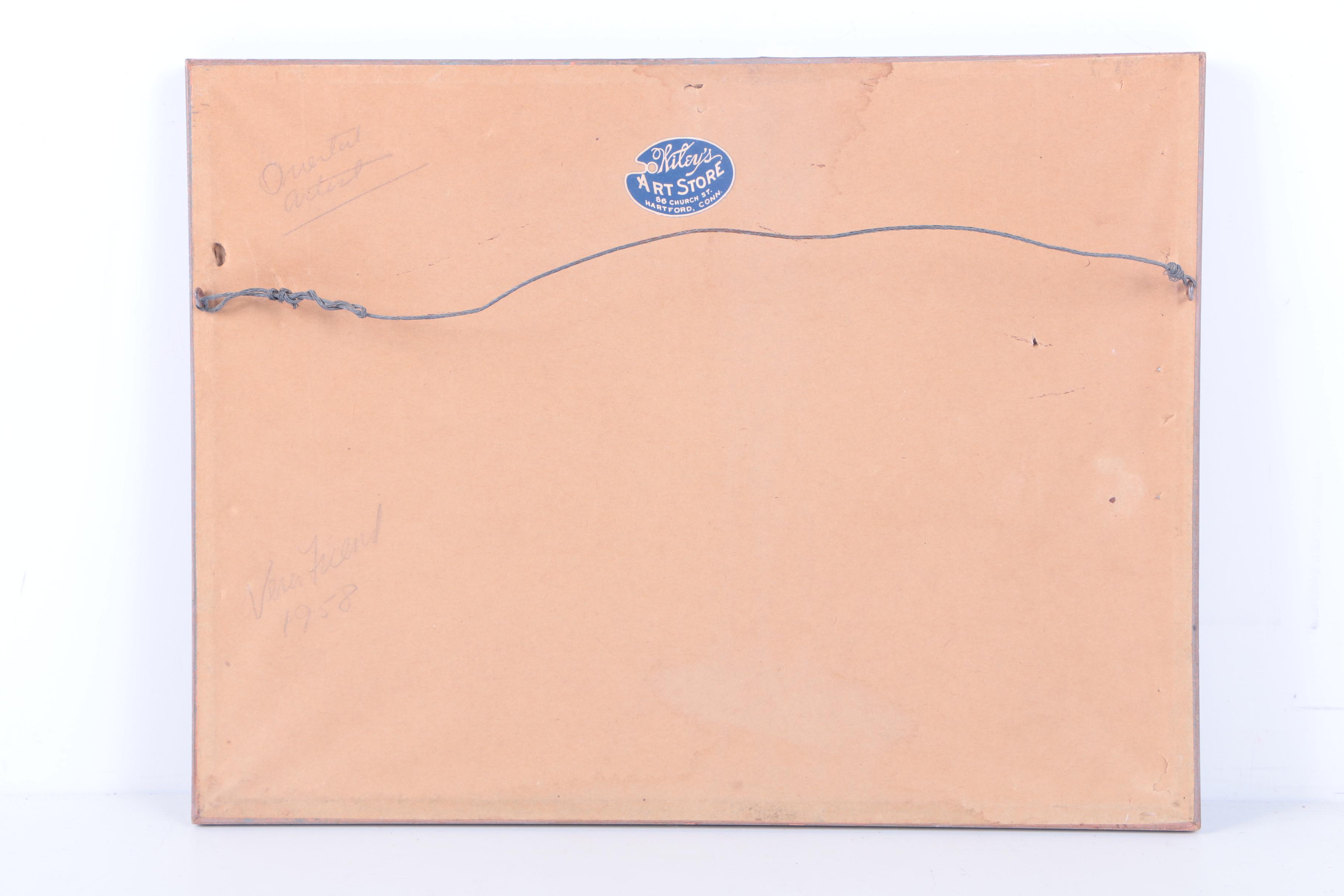 Watercolor Painting on Paper of Tree-Lined Waterfront