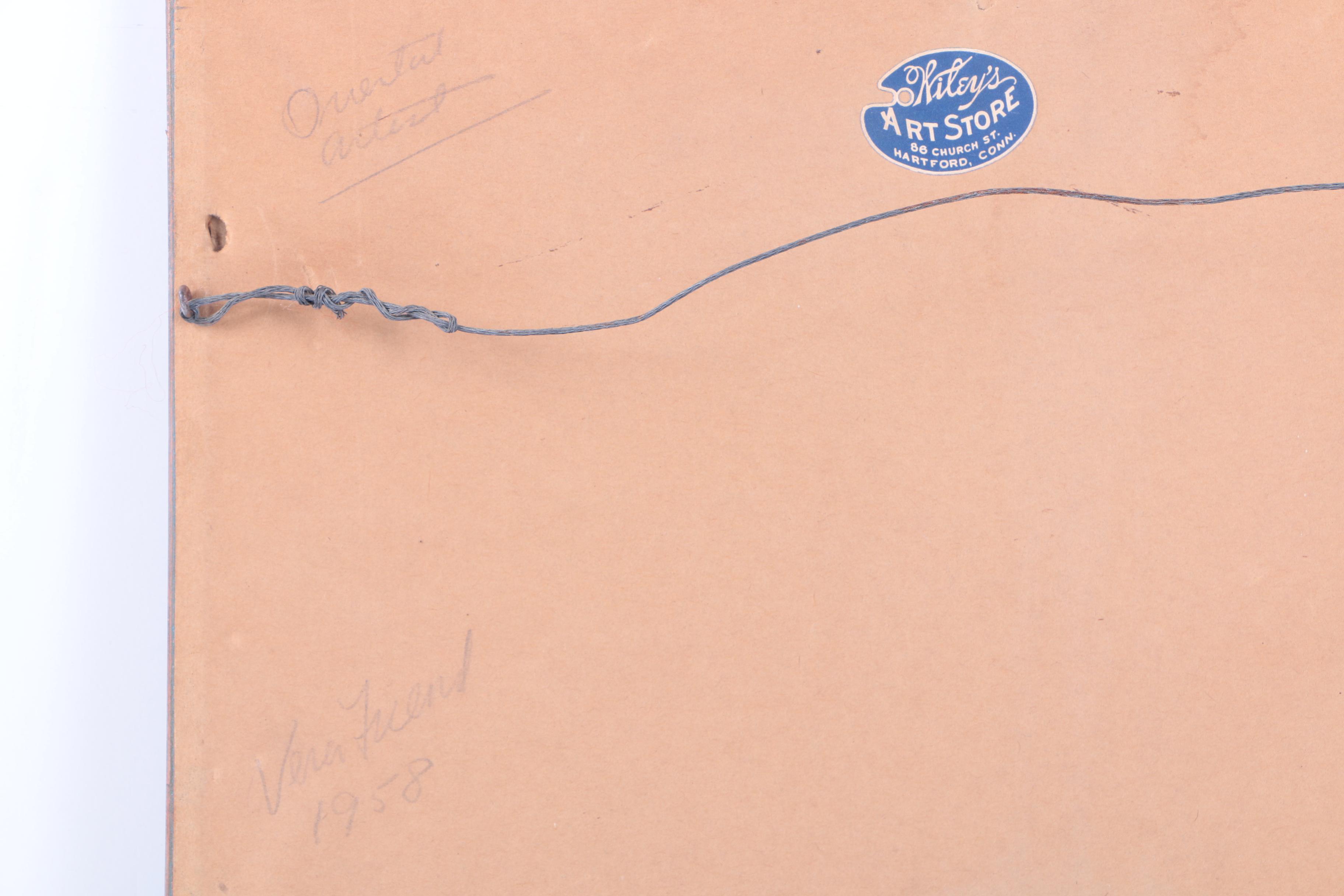 Watercolor Painting on Paper of Tree-Lined Waterfront