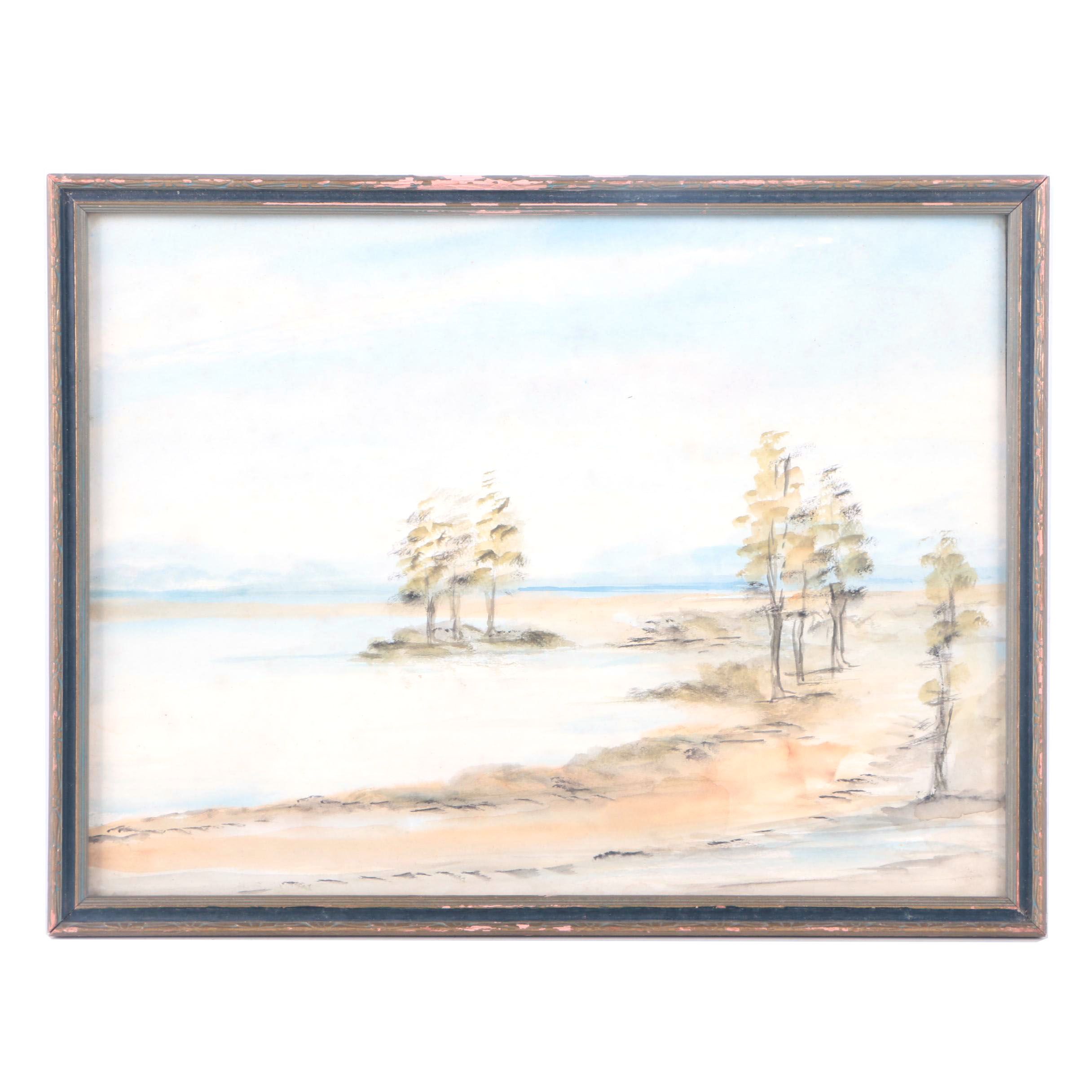 Watercolor Painting on Paper of Tree-Lined Waterfront