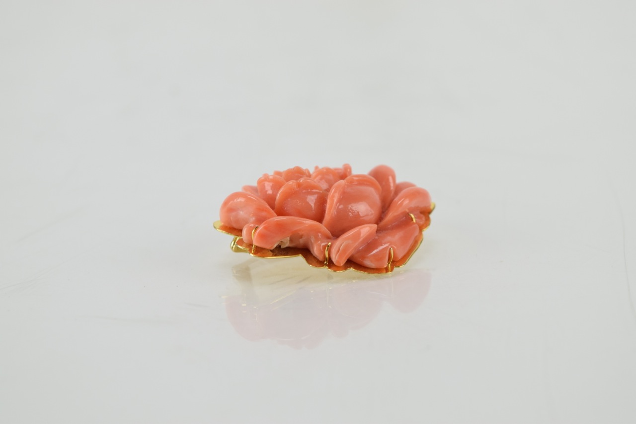 14K Yellow Gold and Carved Pink Coral Brooch