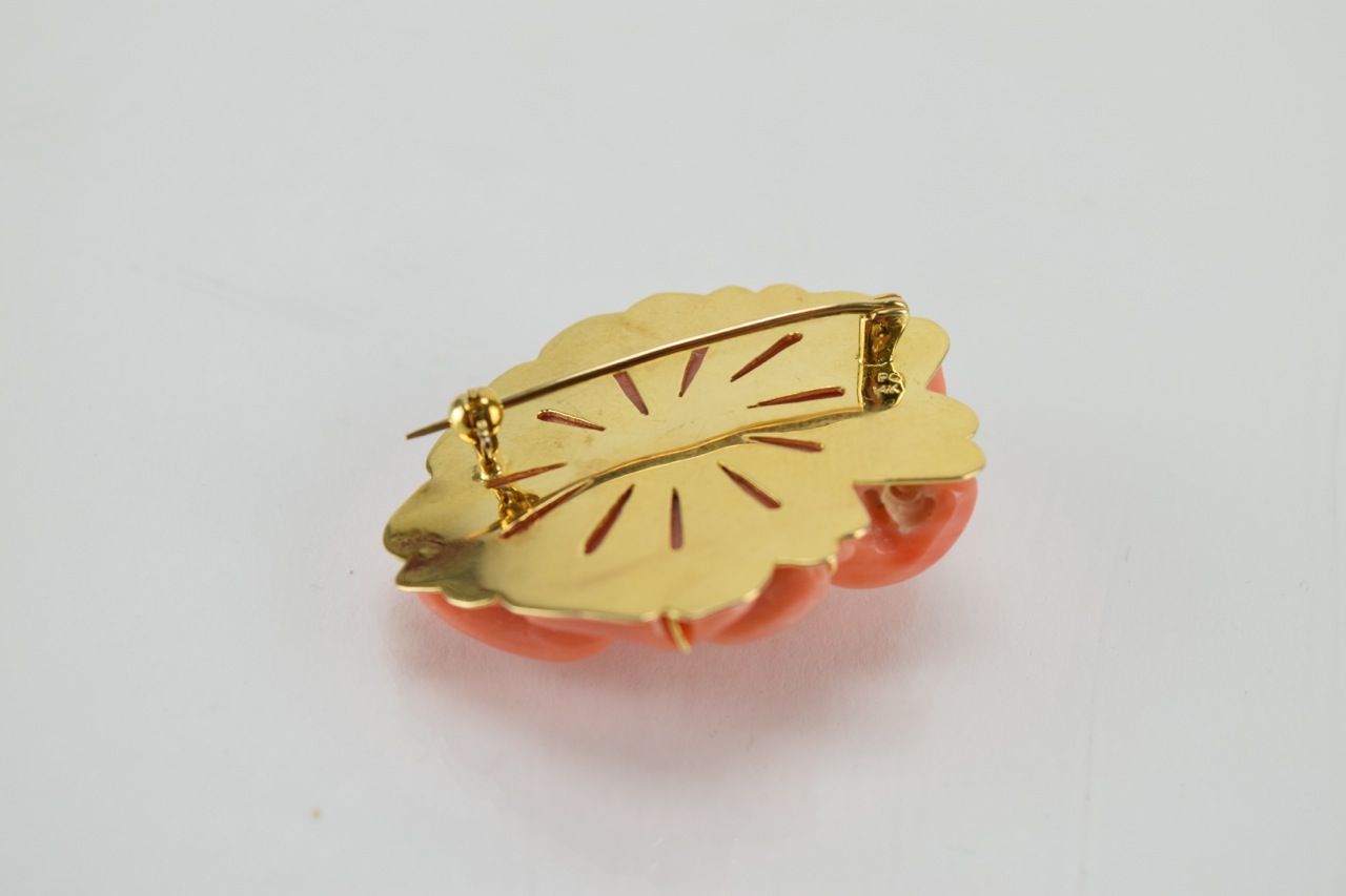 14K Yellow Gold and Carved Pink Coral Brooch