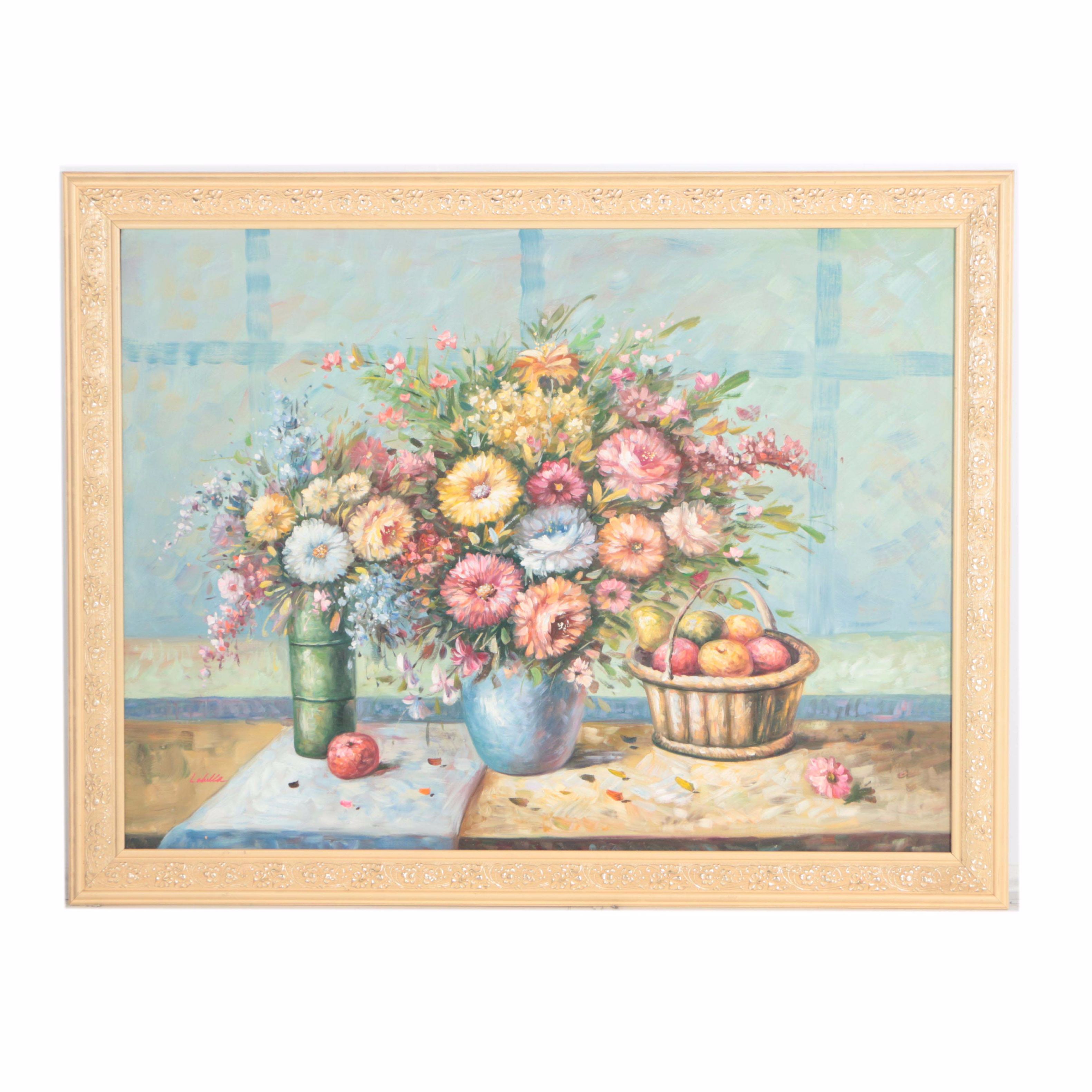 Labella Oil Painting of a Still Life with Fruit and Flowers