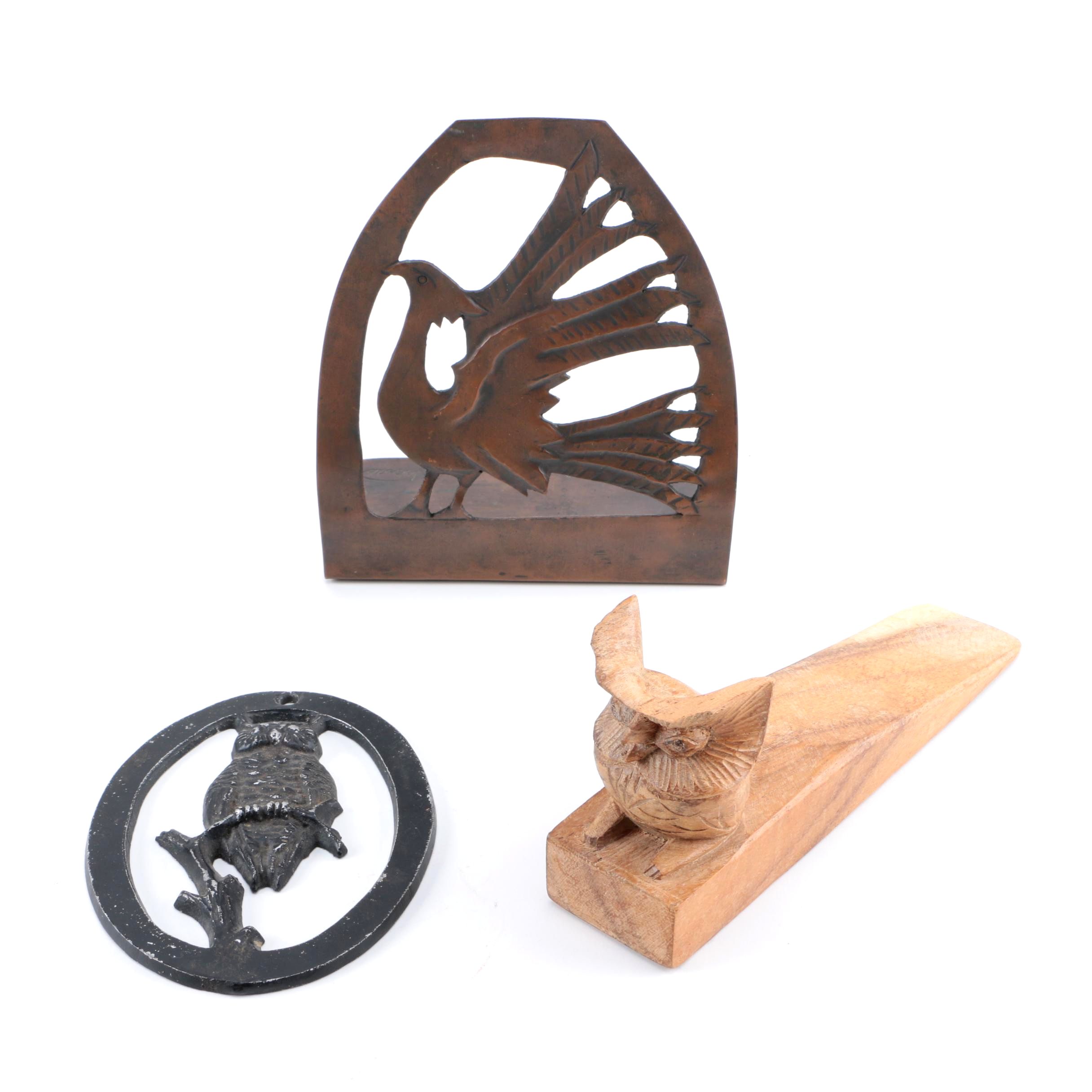 Bird-Themed Decorations Including Copper Nekras Bookend