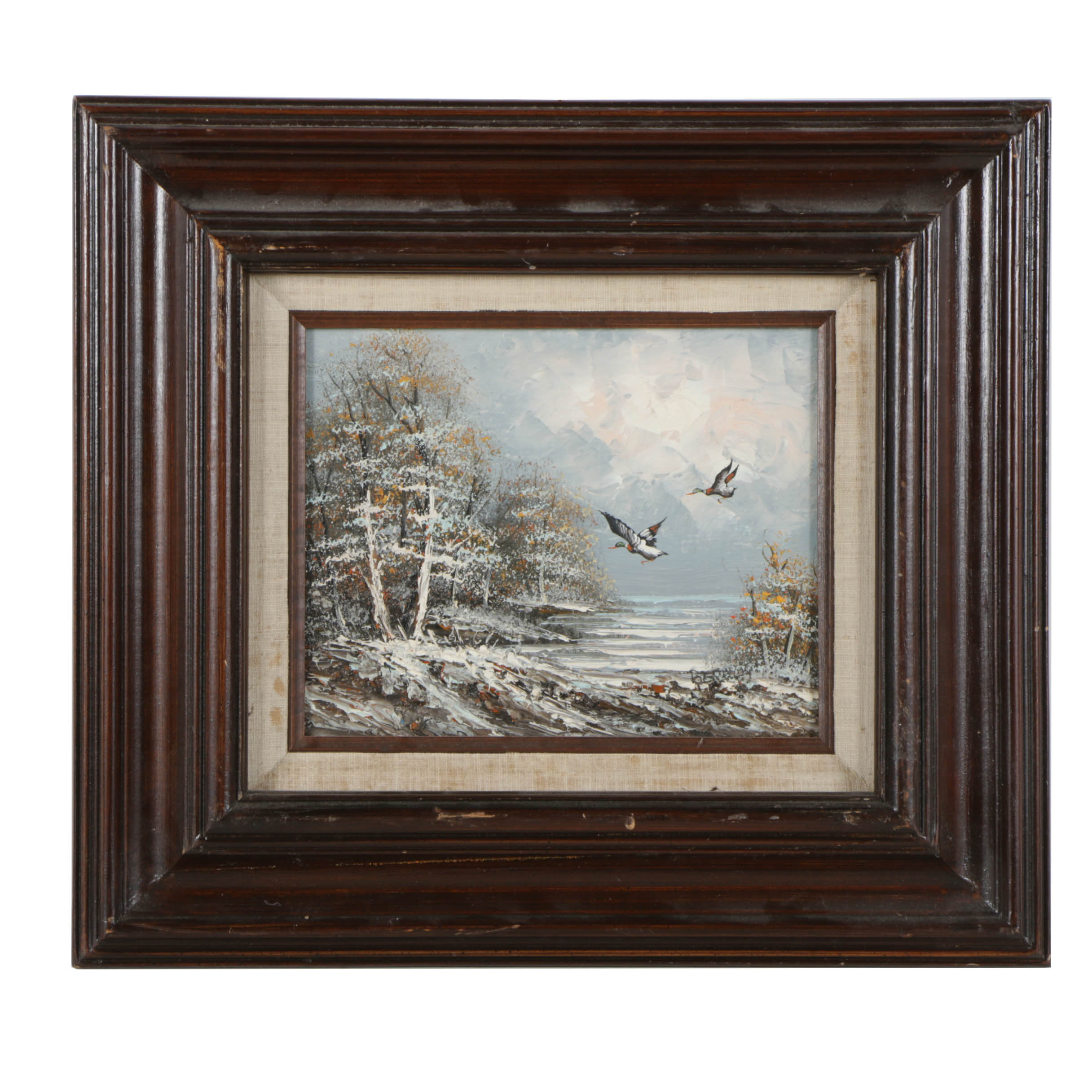 Oil Painting on Board Landscape with Flying Mallards