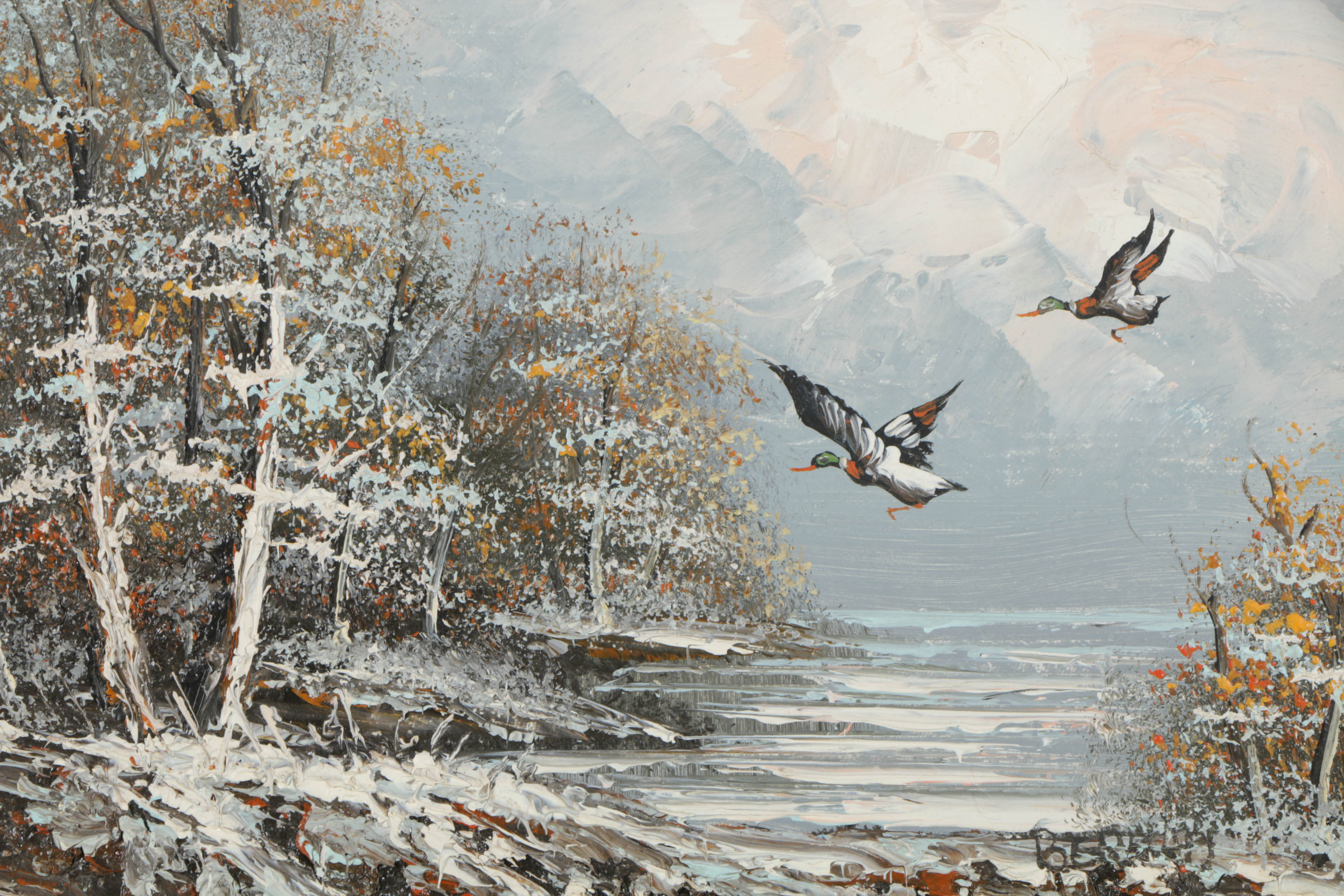 Oil Painting on Board Landscape with Flying Mallards