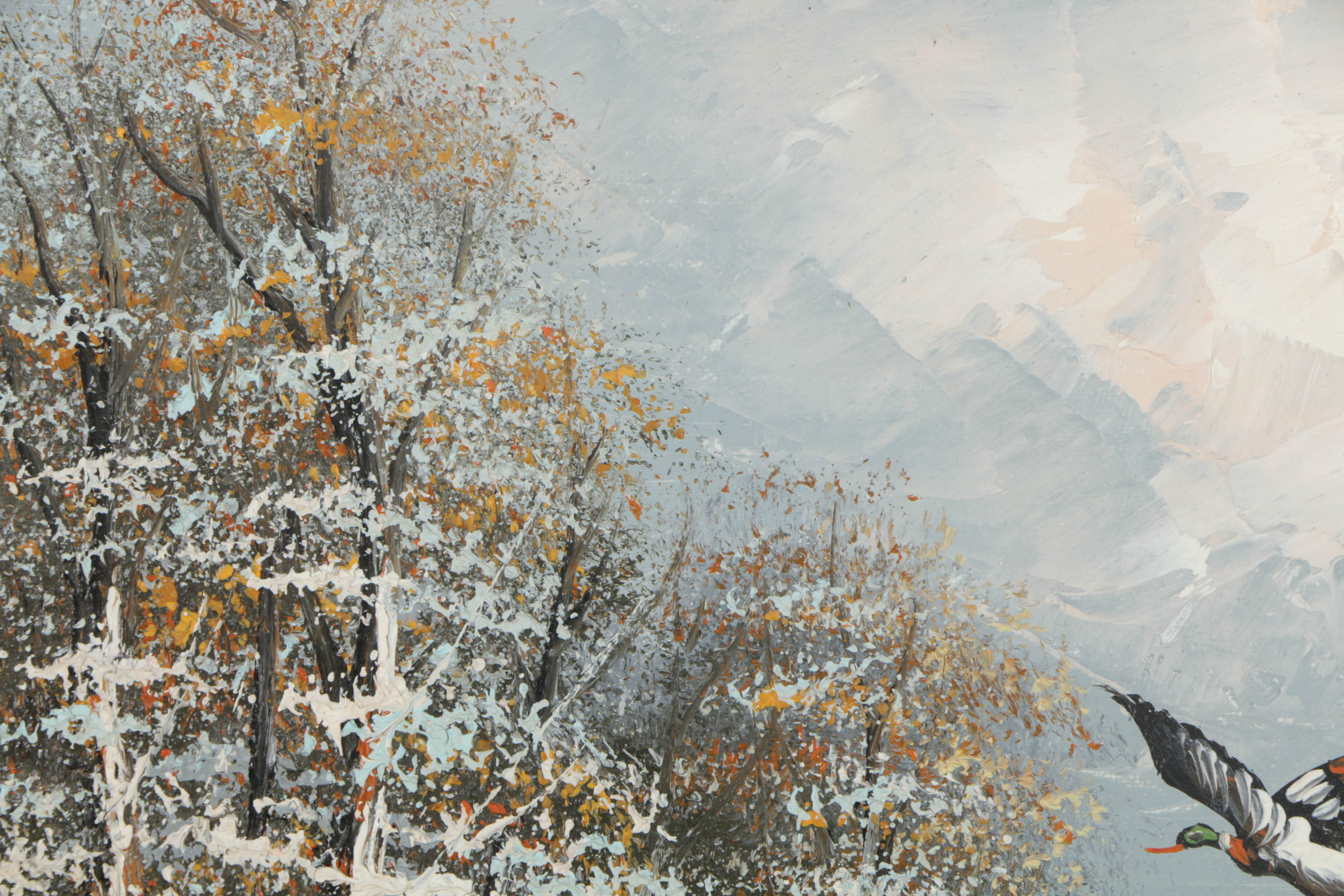 Oil Painting on Board Landscape with Flying Mallards