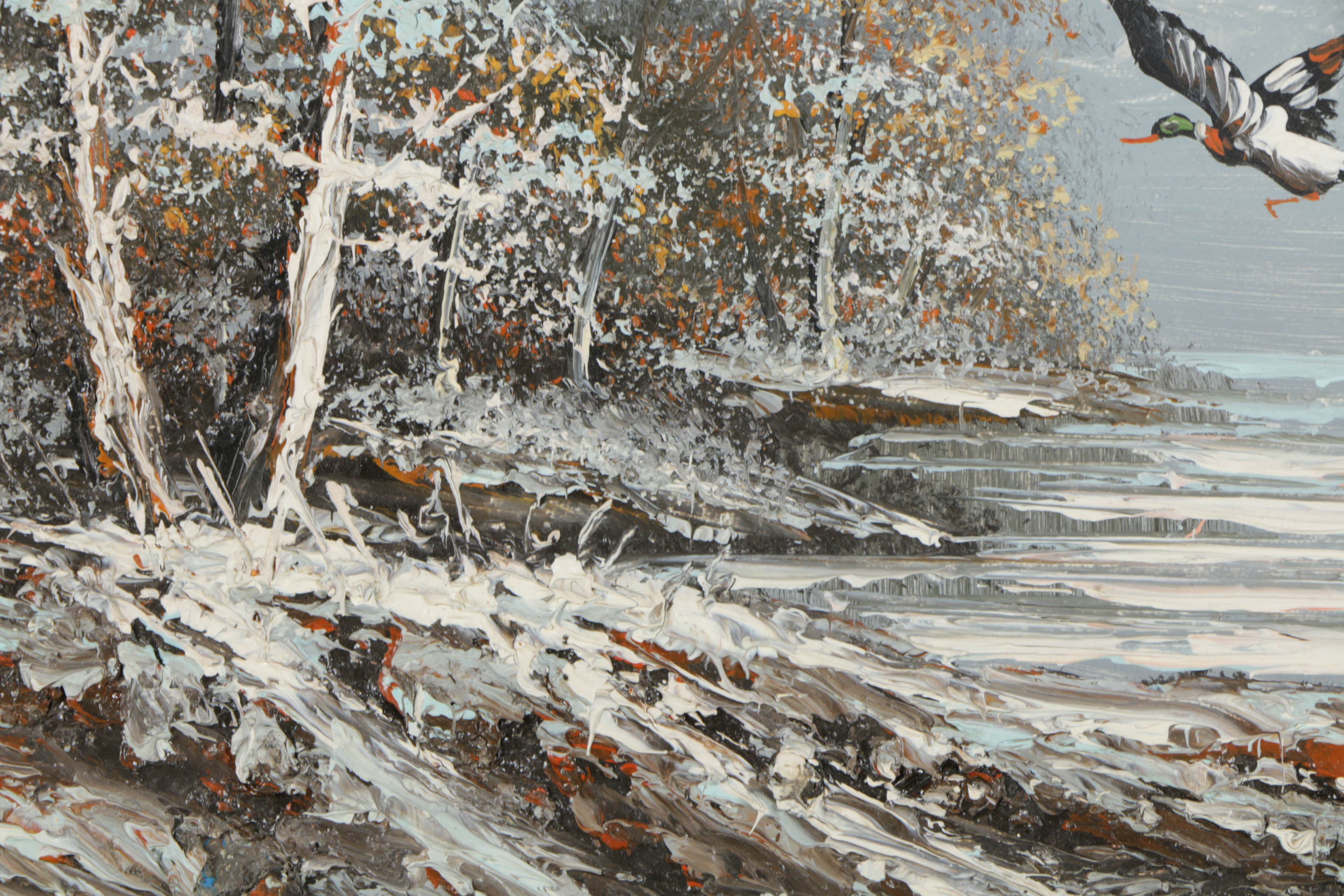 Oil Painting on Board Landscape with Flying Mallards