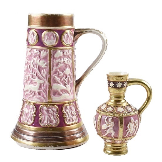 Zsolnay Ceramic Stein and Jug with Figural Relief Panels