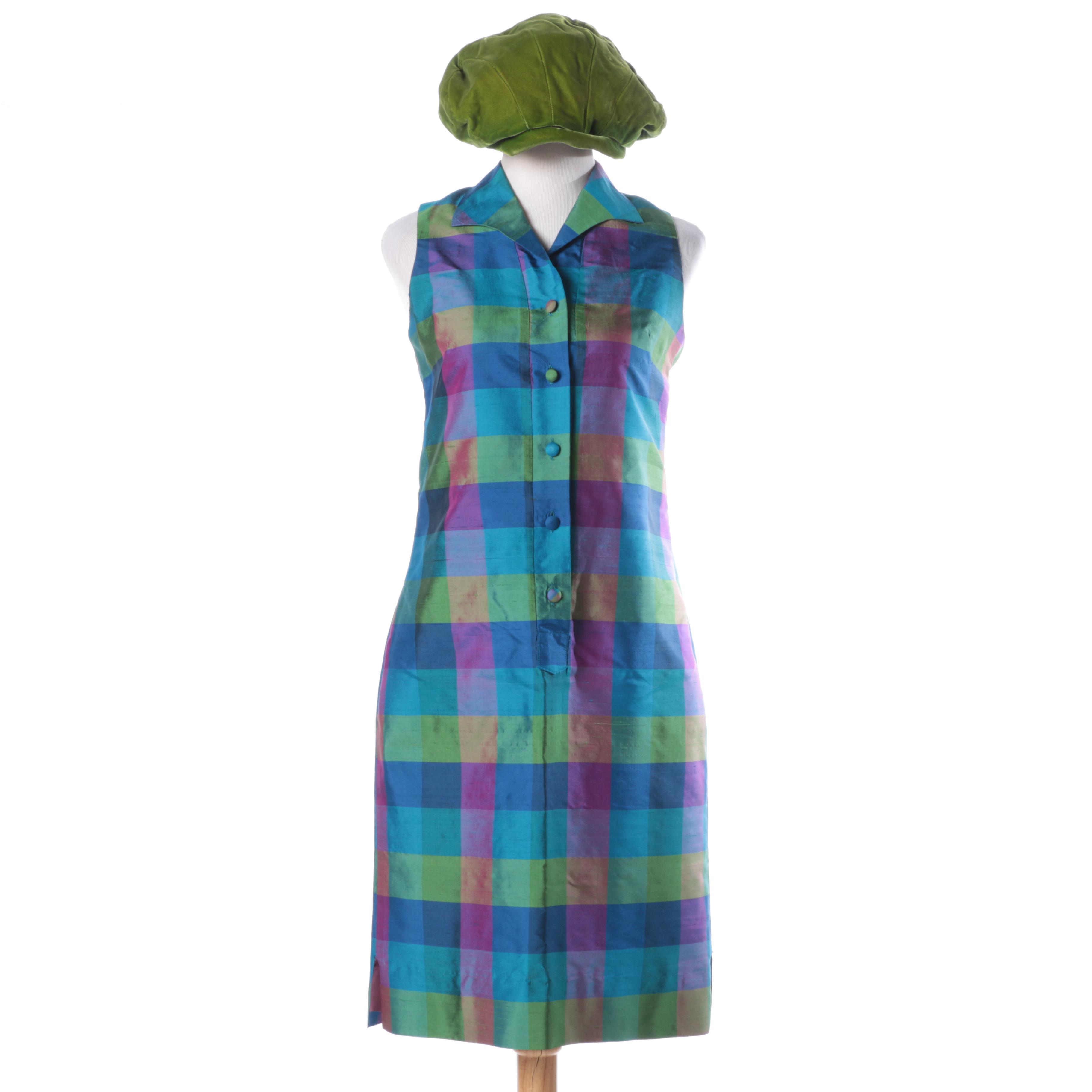 Vintage Green Velvet Beret and Hawaiian Plaid Dress
