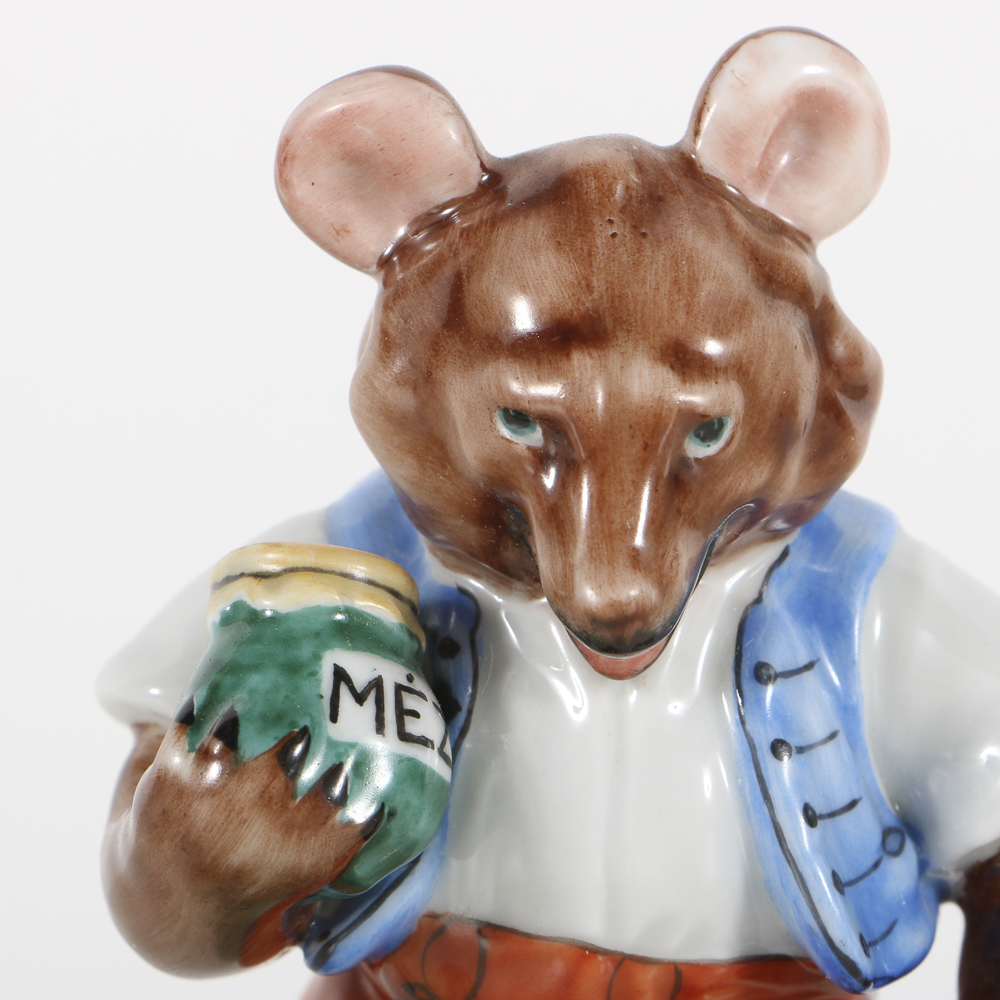 Artist Signed Herend Porcelain Bear With Honey Jar Figurine