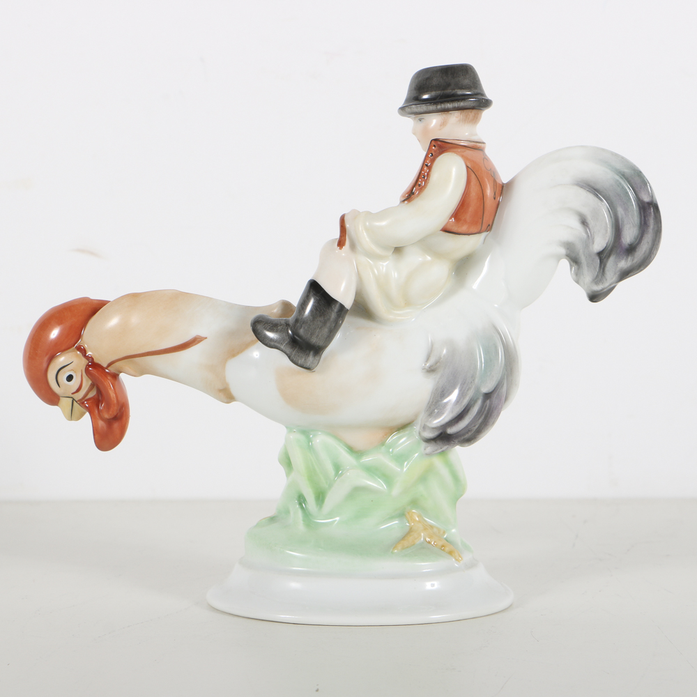 Herend Porcelain Figurine Of Boy On Rooster