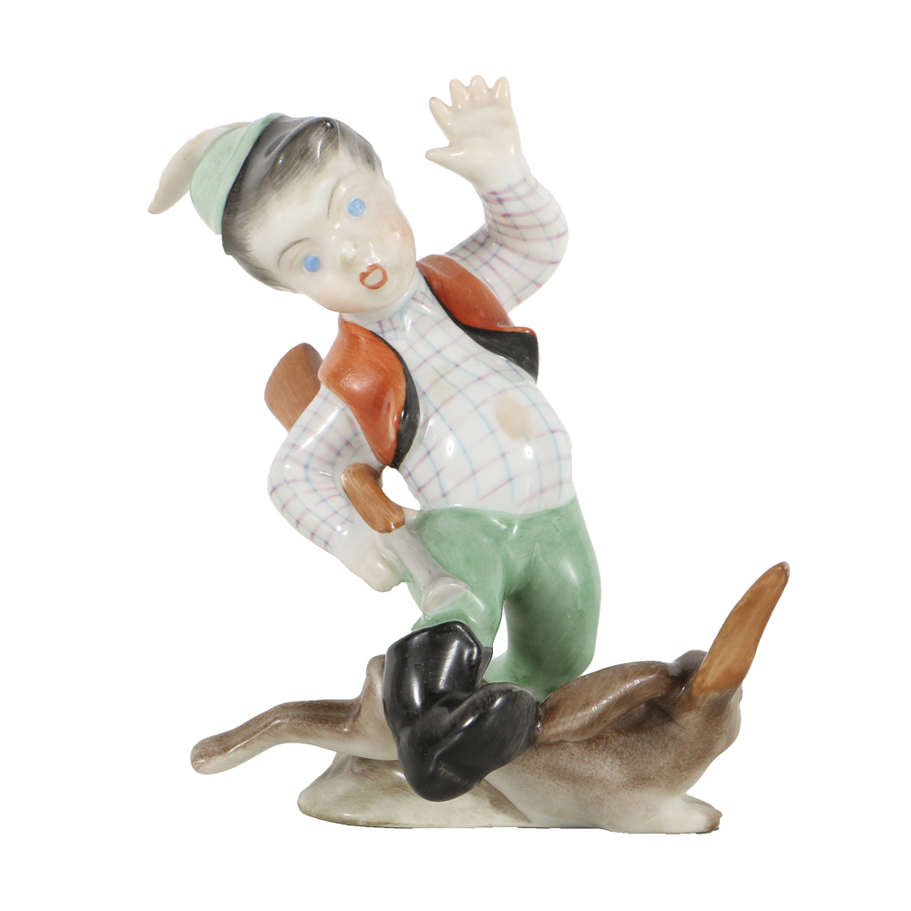 Herend Porcelain "Little Hunter" Boy Figurine With Rabbit