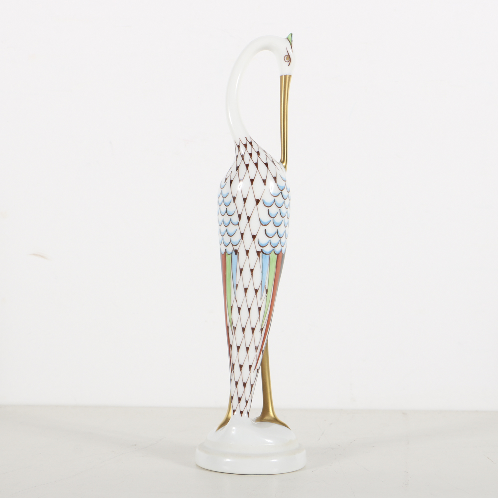 Hollohaza Porcelain Crane Figurine with Fishnet Black