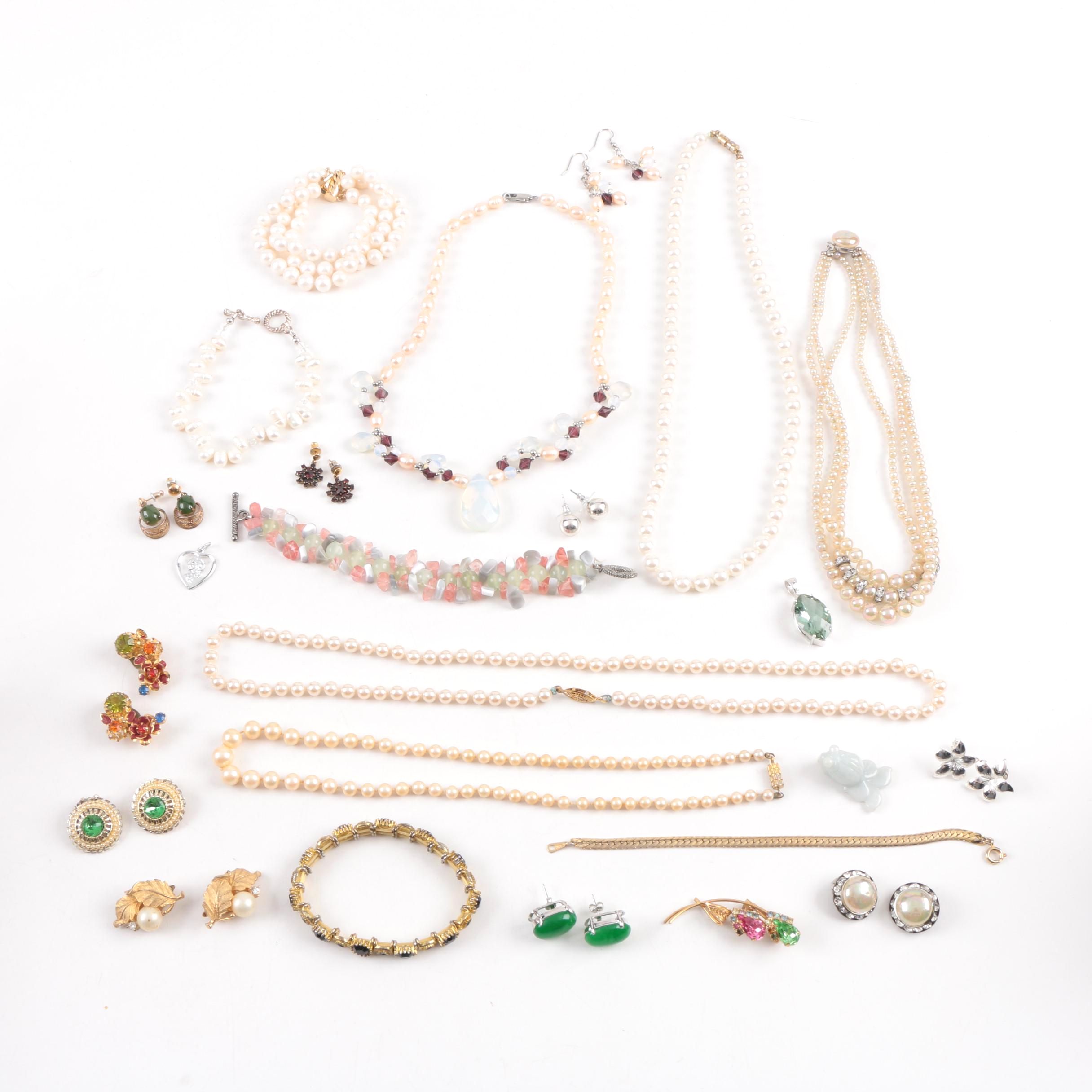 Assortment of Costume Jewelry Featuring Pearls and Gemstones