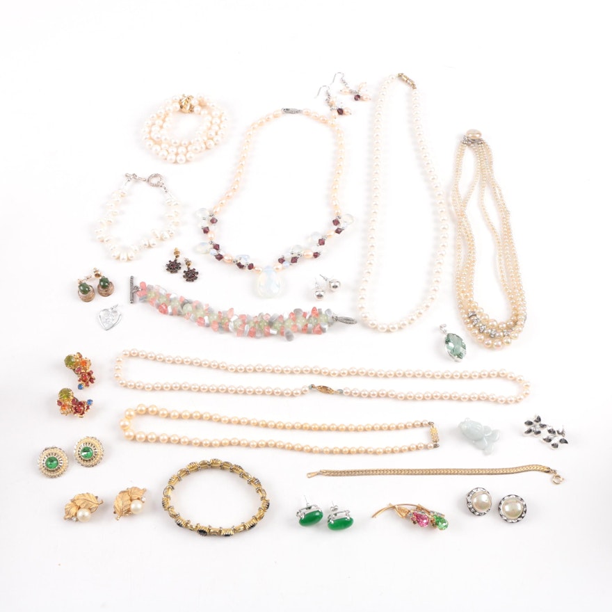Assortment of Costume Jewelry Featuring Pearls and Gemstones