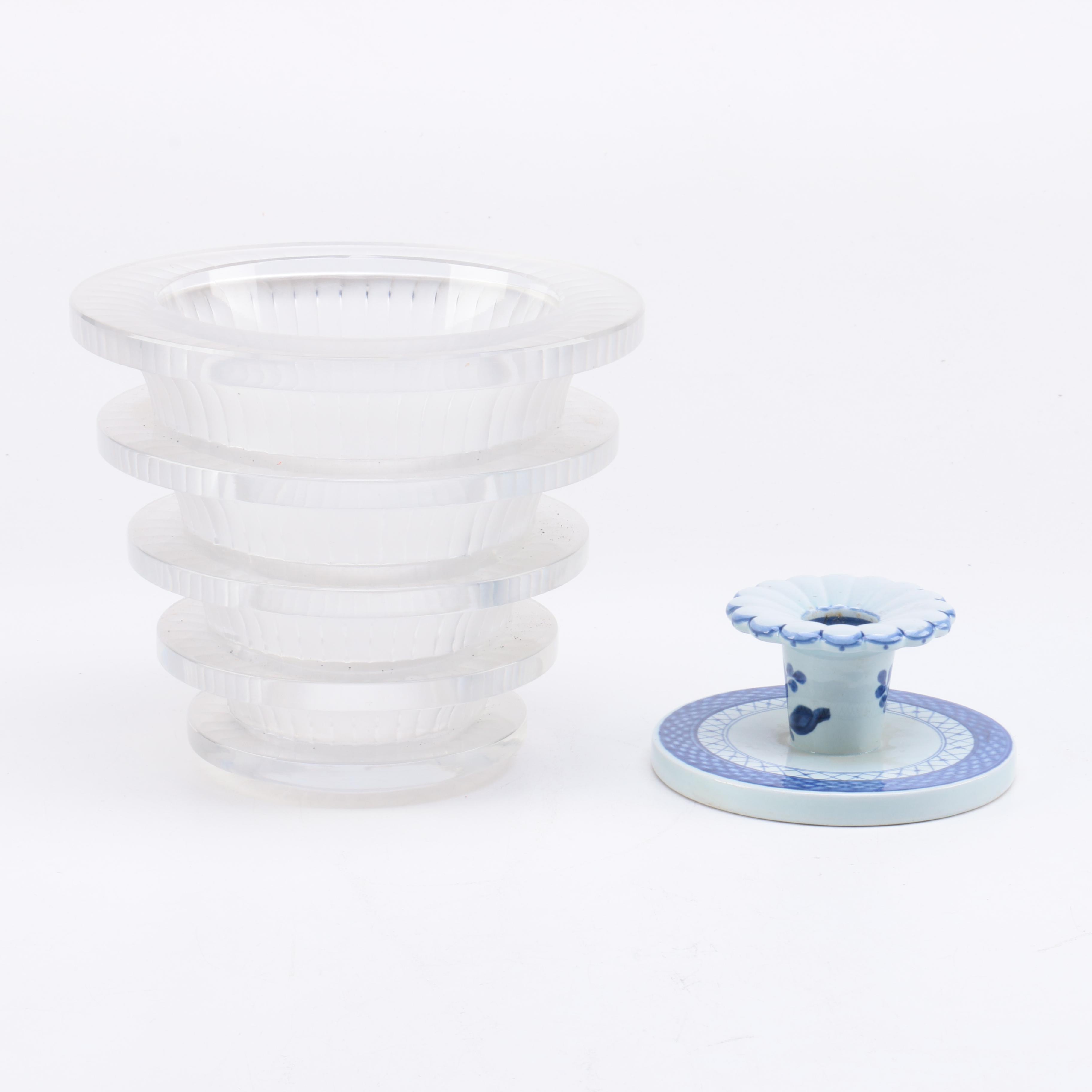 Art Deco Style Lalique Vase and Royal Copenhagen "Tranquebar Blue" Candlestick