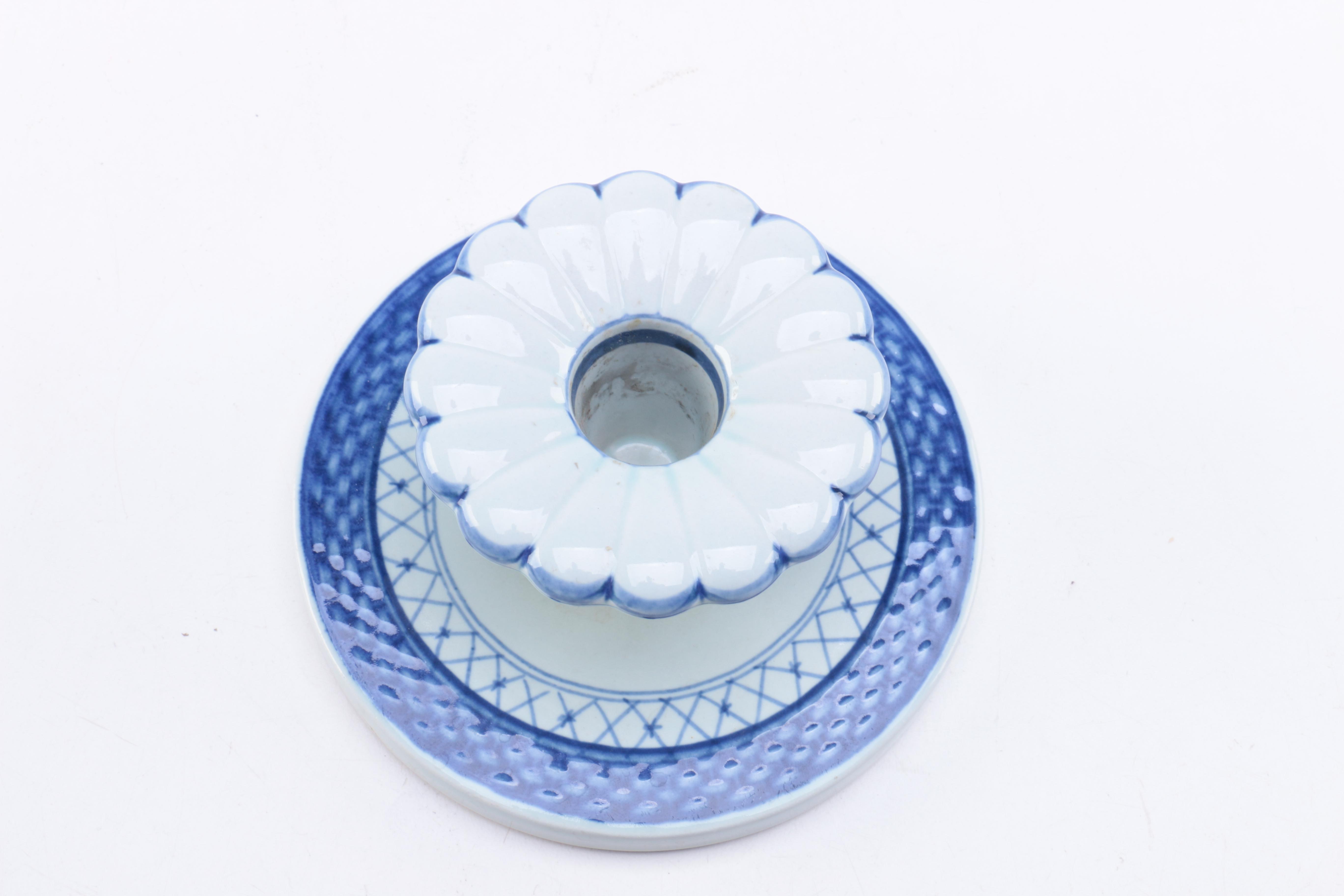 Art Deco Style Lalique Vase and Royal Copenhagen "Tranquebar Blue" Candlestick