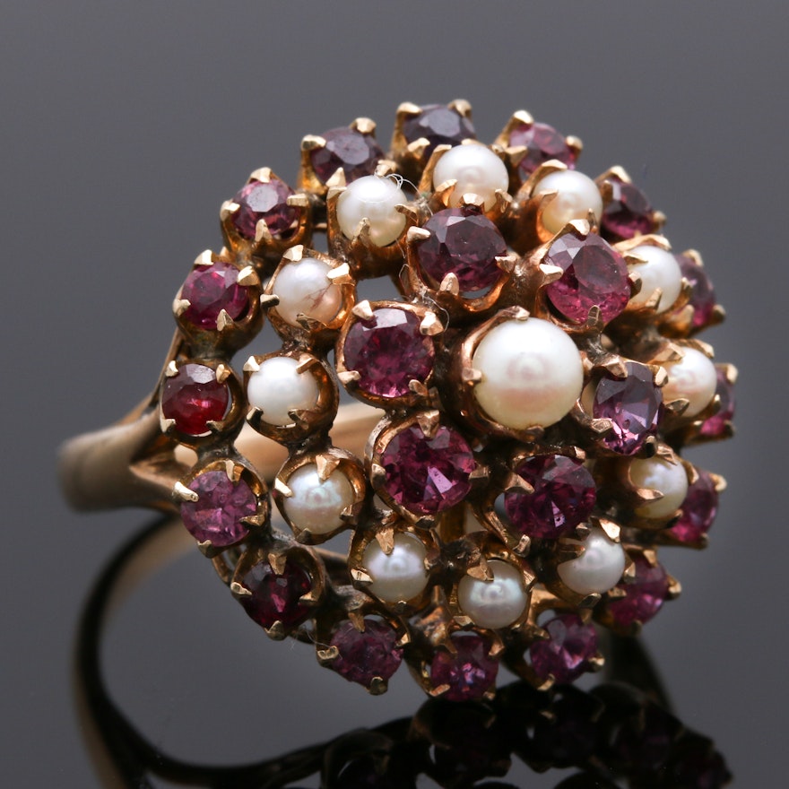 14K Yellow Gold Ruby and Cultured Pearl Mughal Ring