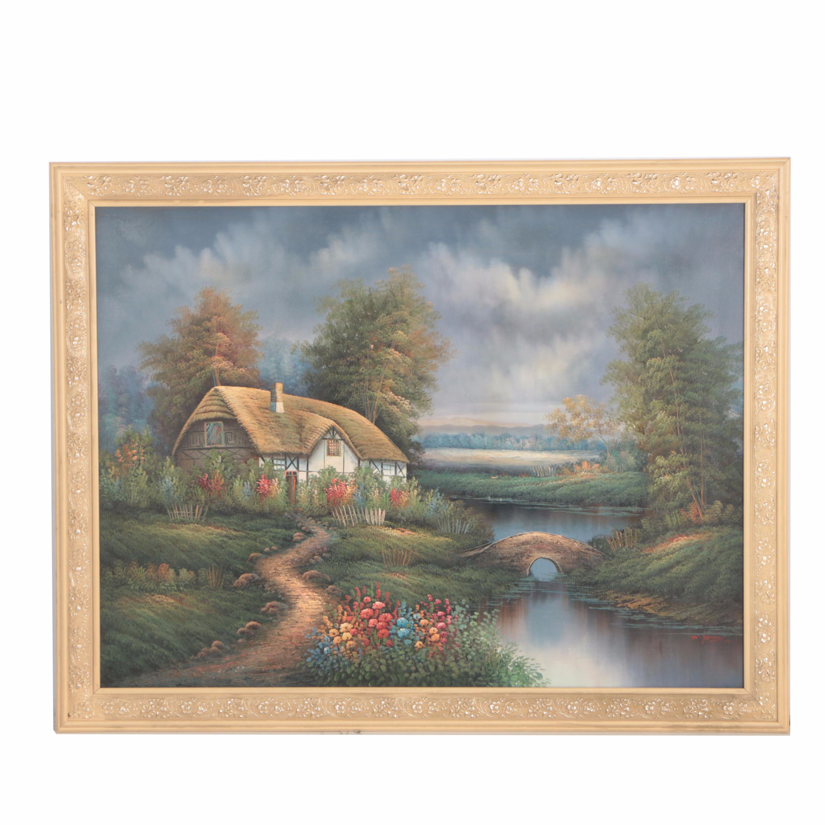 W. Youdes Oil on Canvas of Thatched Roof Cottage and Garden