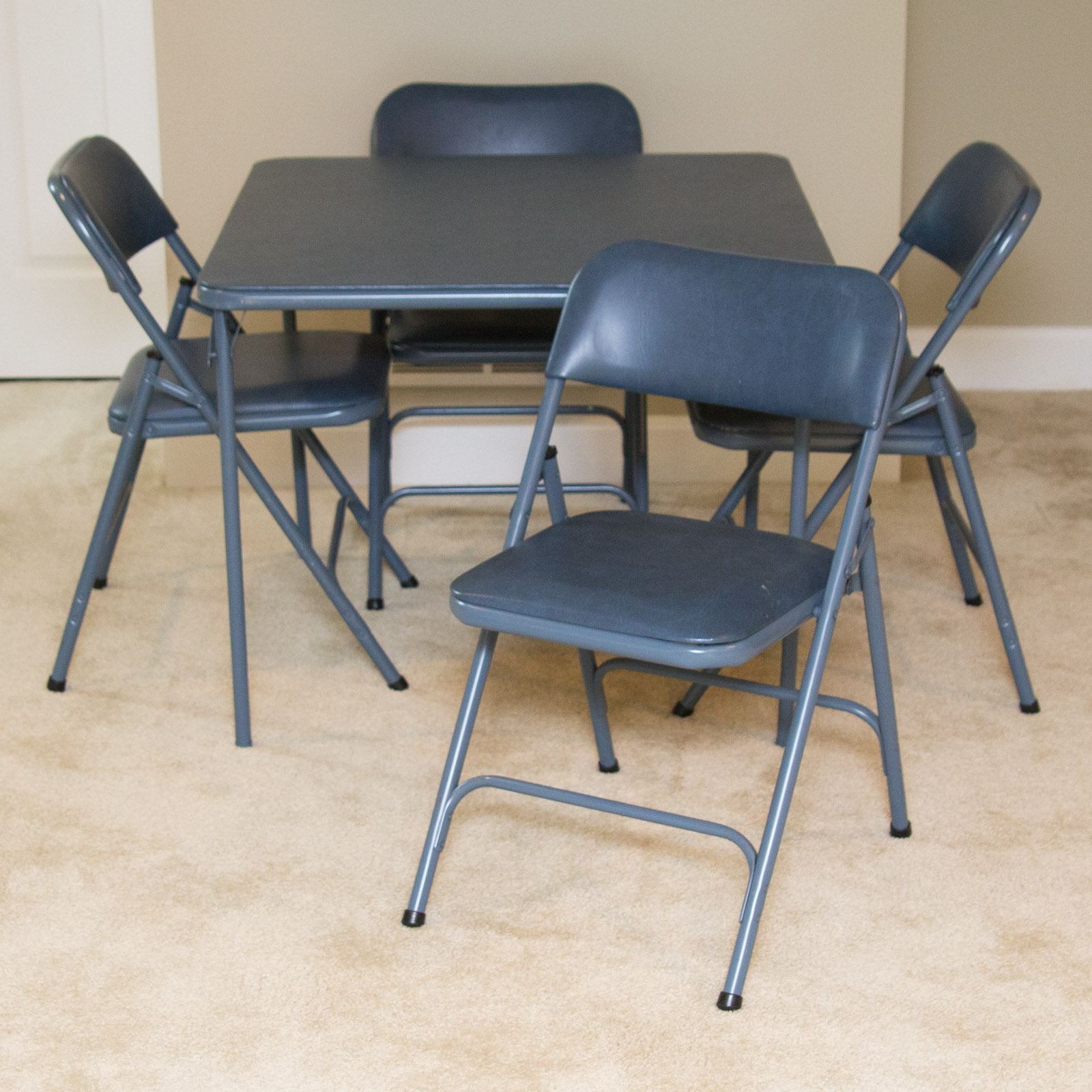 Samsonite Blue Metal Card Table With Folding Chairs