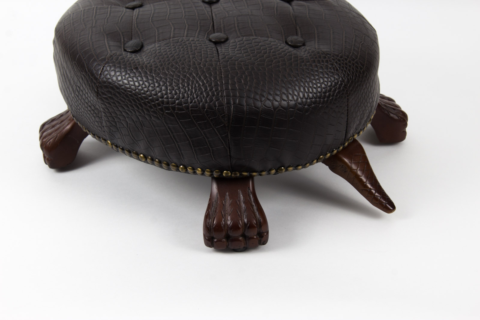 Tufted Faux Leather Walnut Turtle Footstool