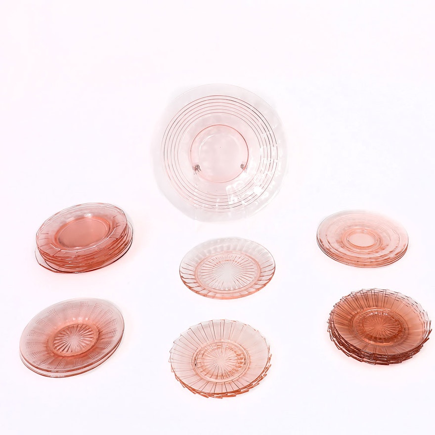 Pink Depression Glass Tableware with Assorted Patterns