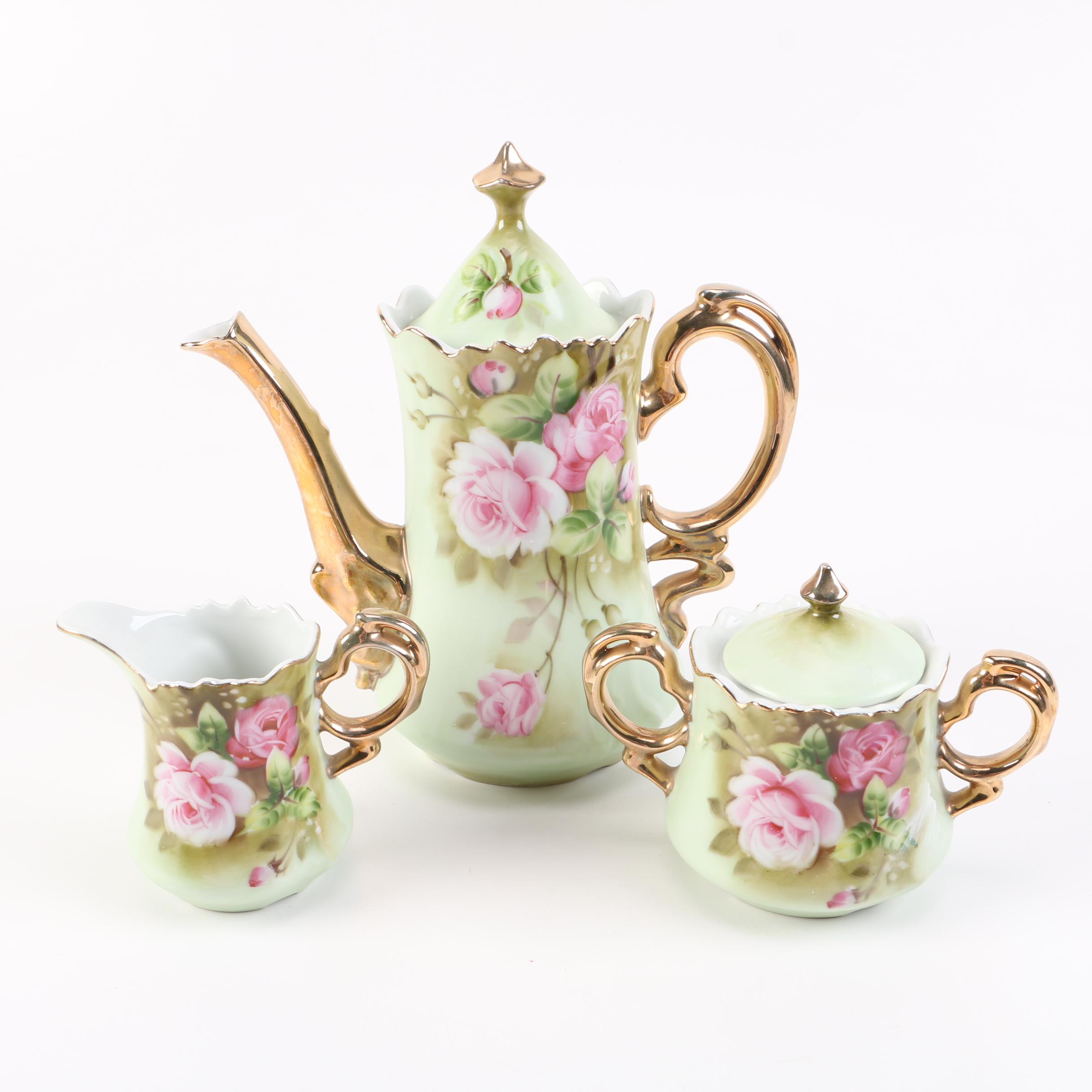 Lefton China "Heritage Green" Coffee Pot with Creamer, Sugar Bowl