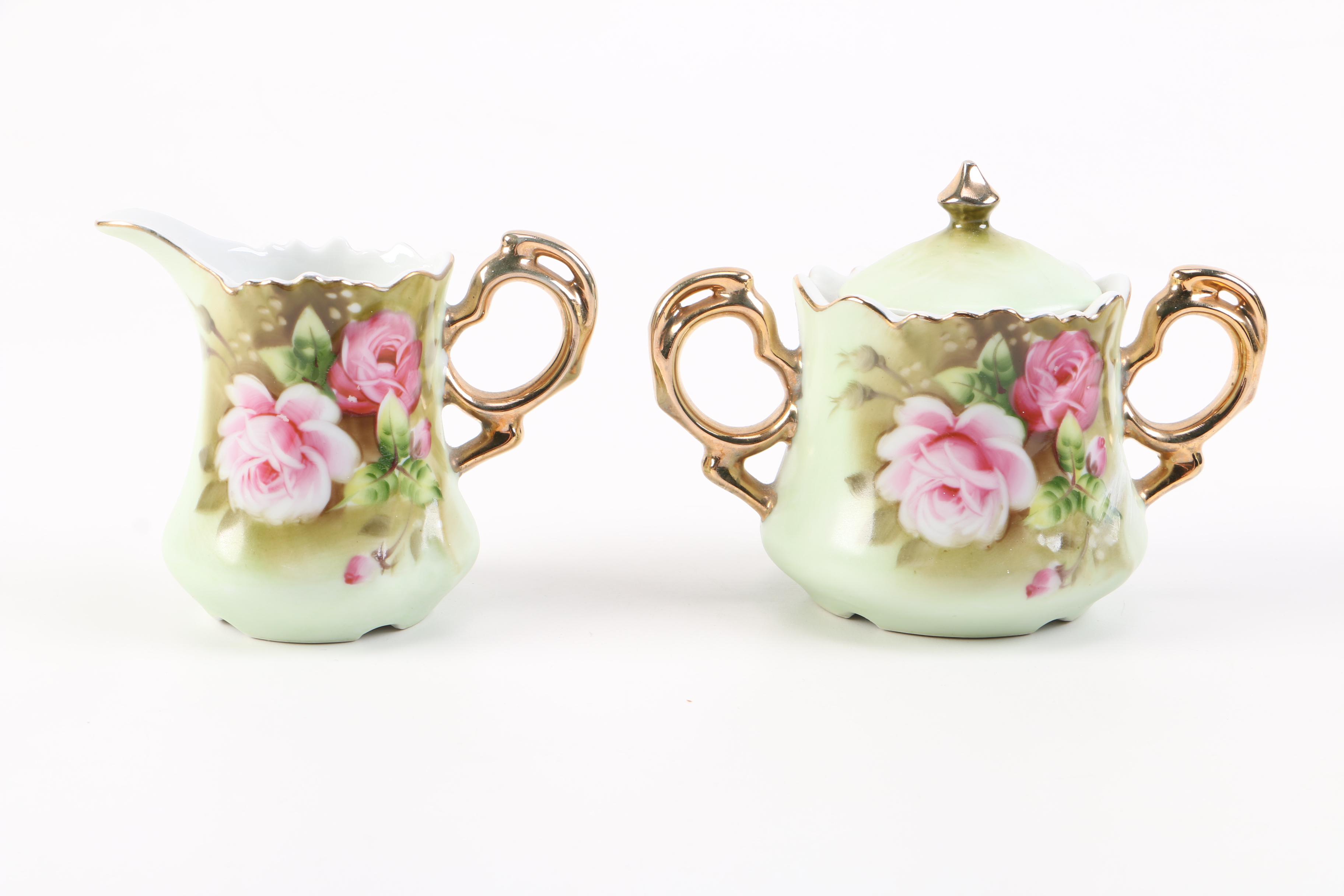 Lefton China "Heritage Green" Coffee Pot with Creamer, Sugar Bowl