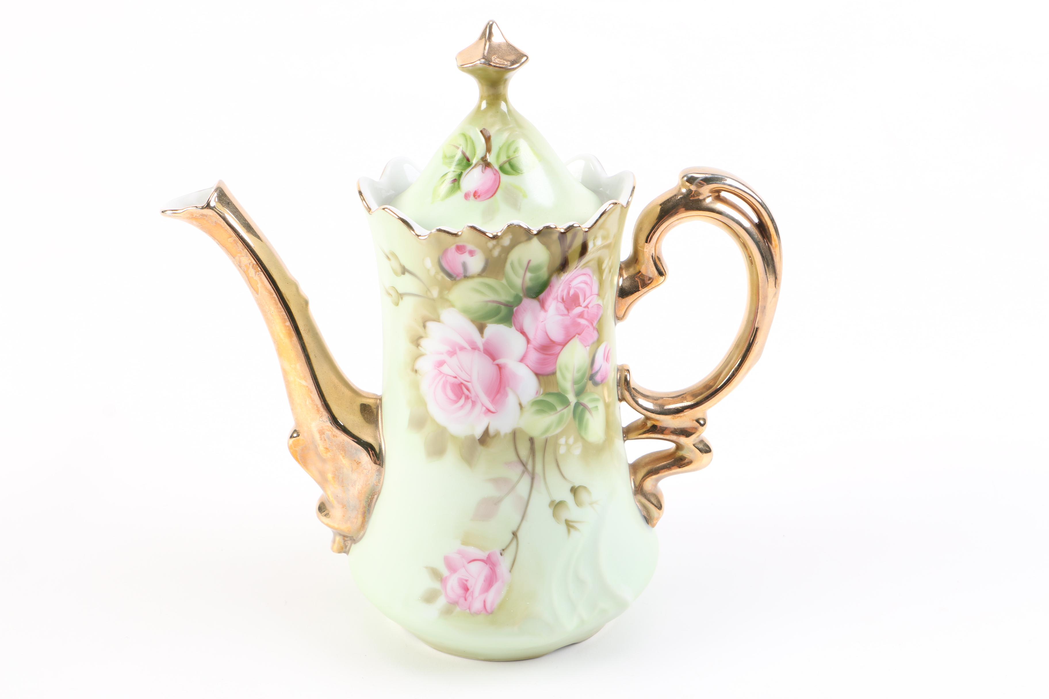 Lefton China "Heritage Green" Coffee Pot with Creamer, Sugar Bowl