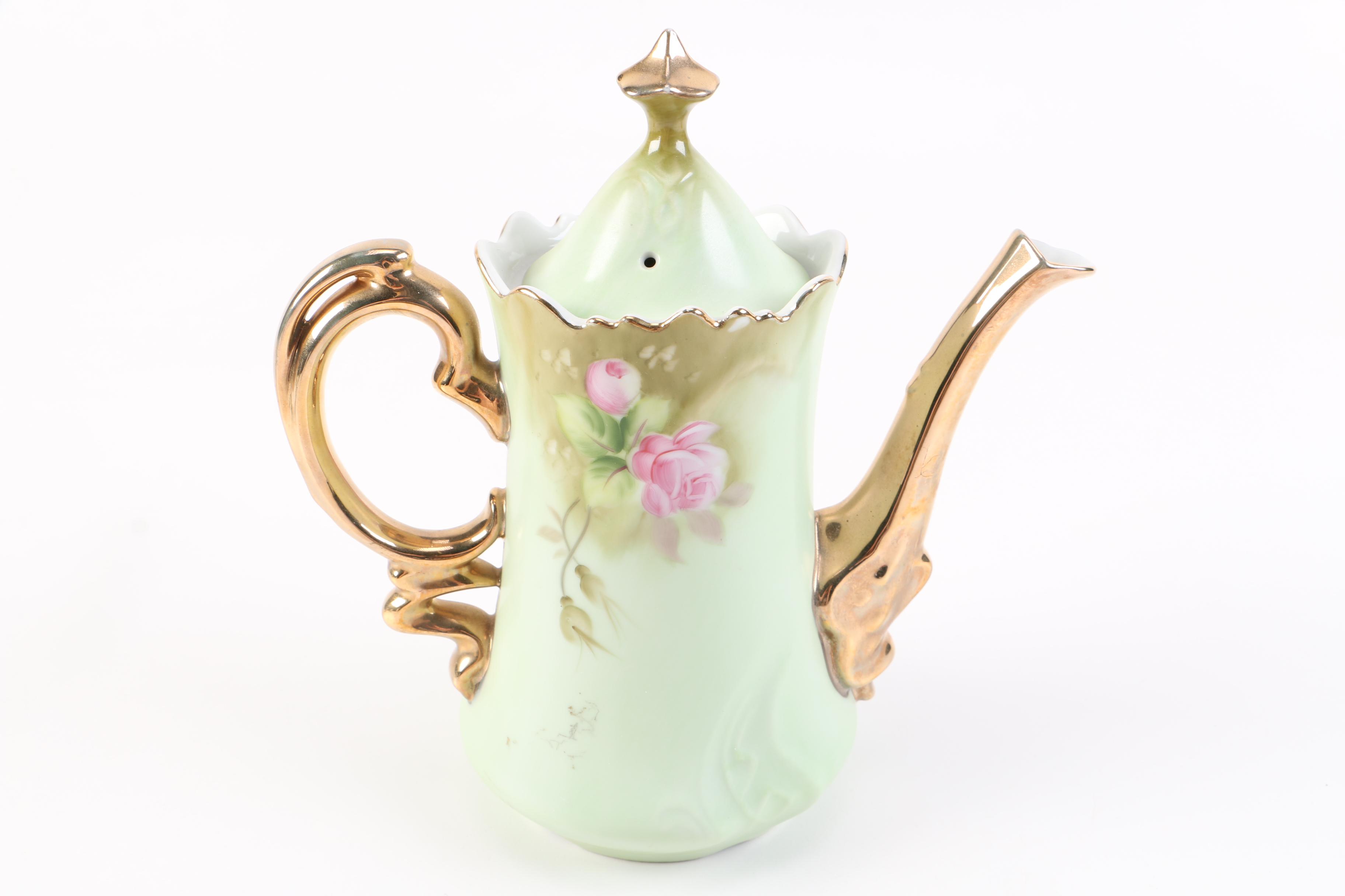 Lefton China "Heritage Green" Coffee Pot with Creamer, Sugar Bowl