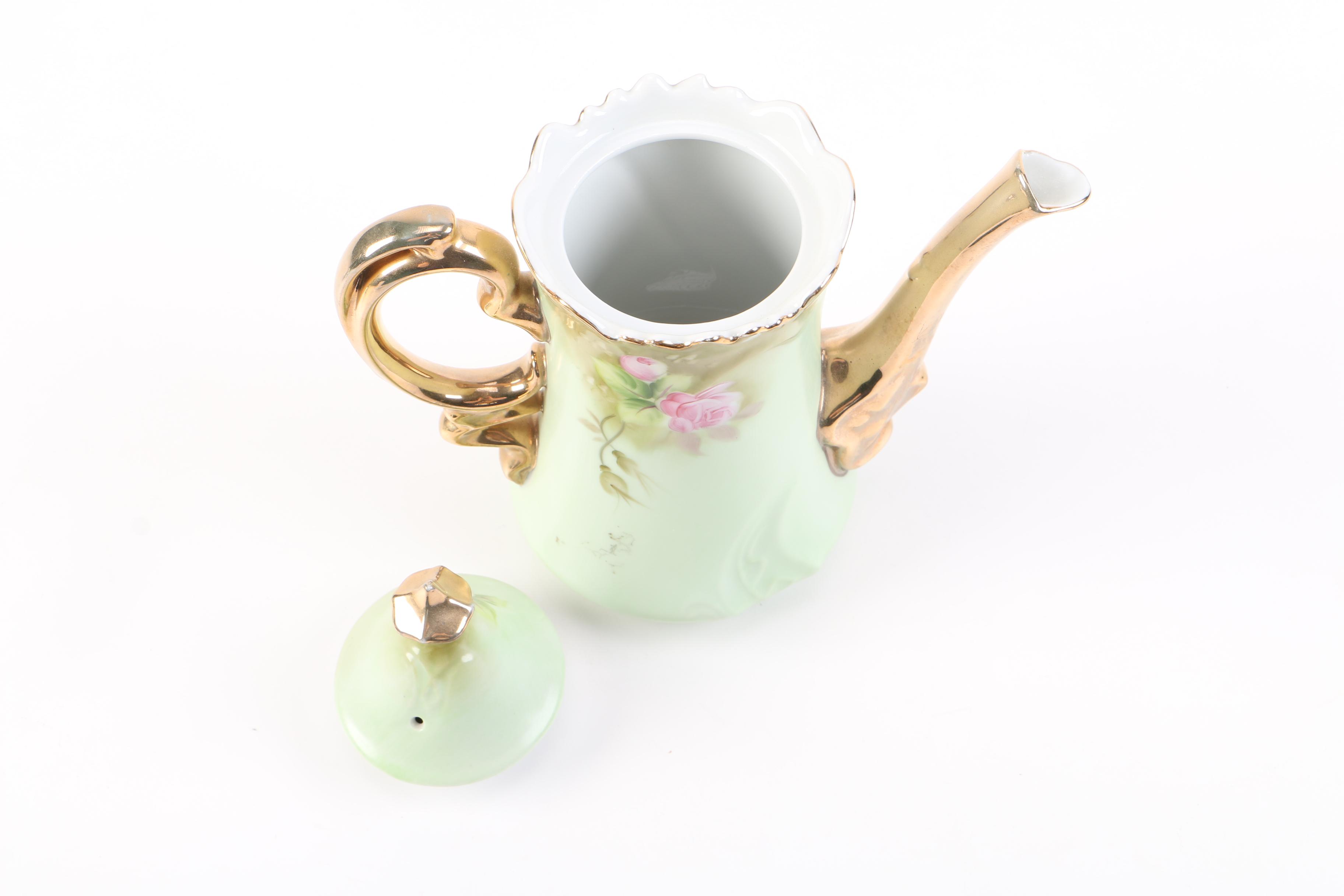 Lefton China "Heritage Green" Coffee Pot with Creamer, Sugar Bowl