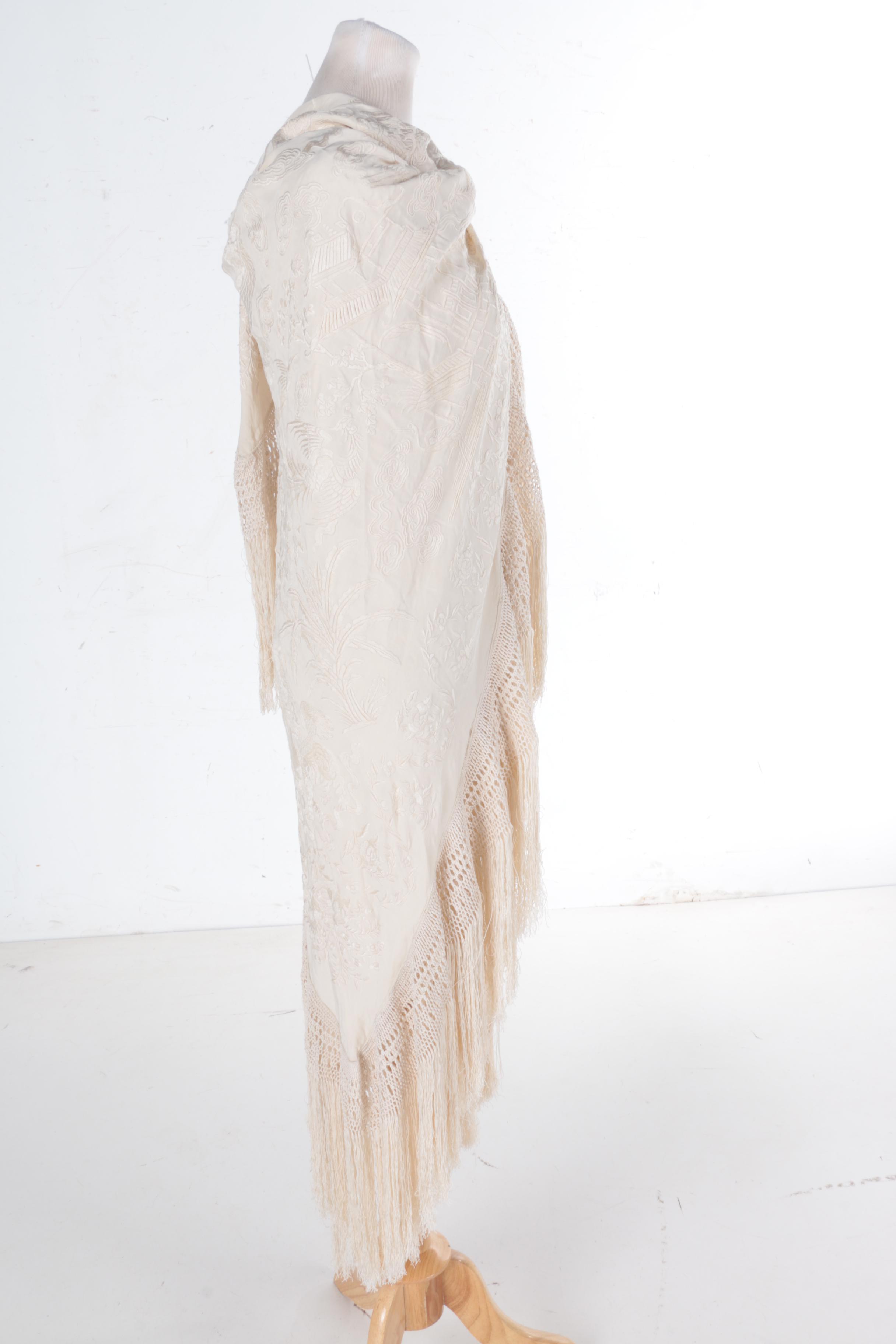 Asian Vintage Silk Ivory Piano Wrap with Hand Embroidery