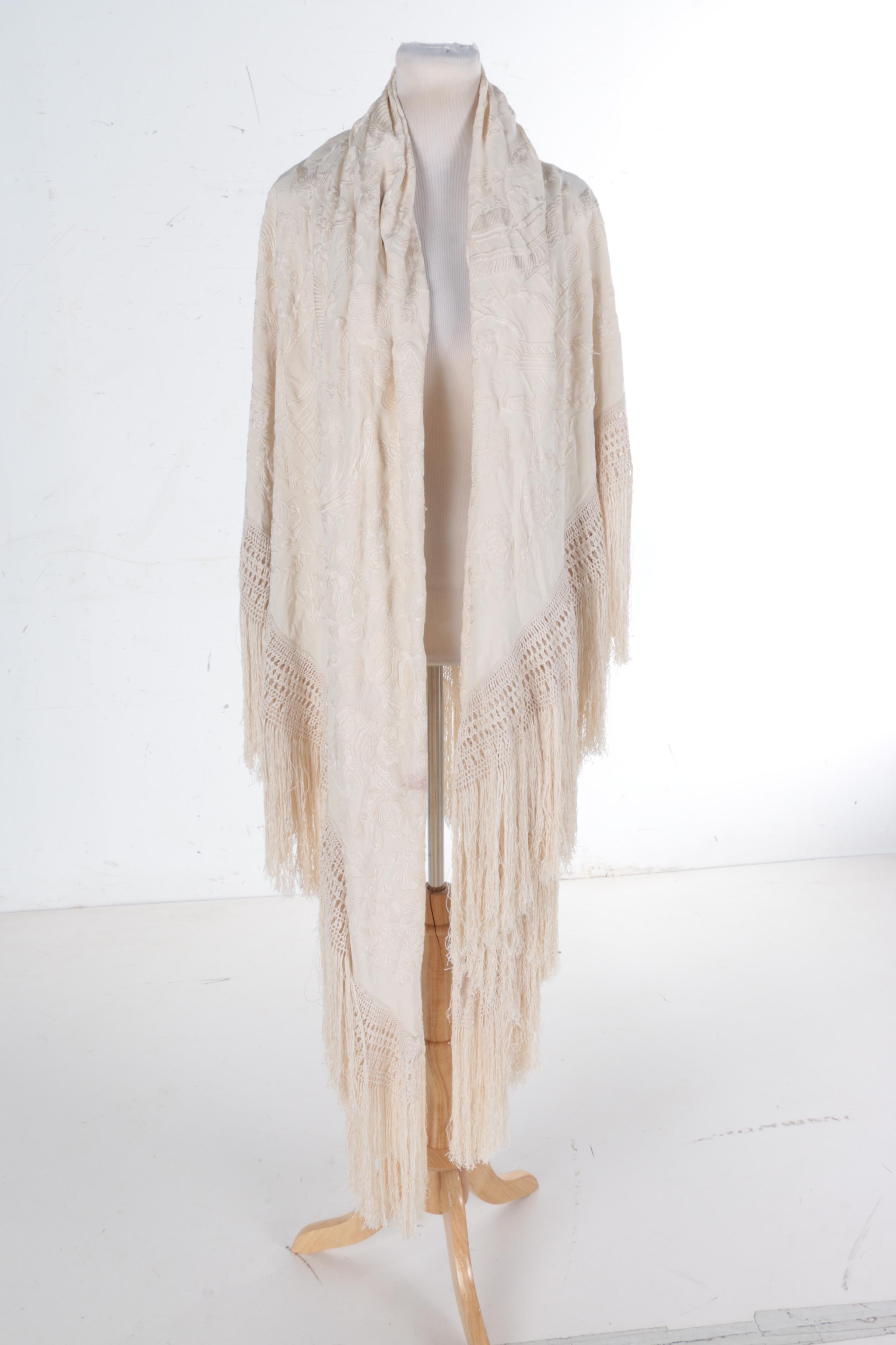 Asian Vintage Silk Ivory Piano Wrap with Hand Embroidery