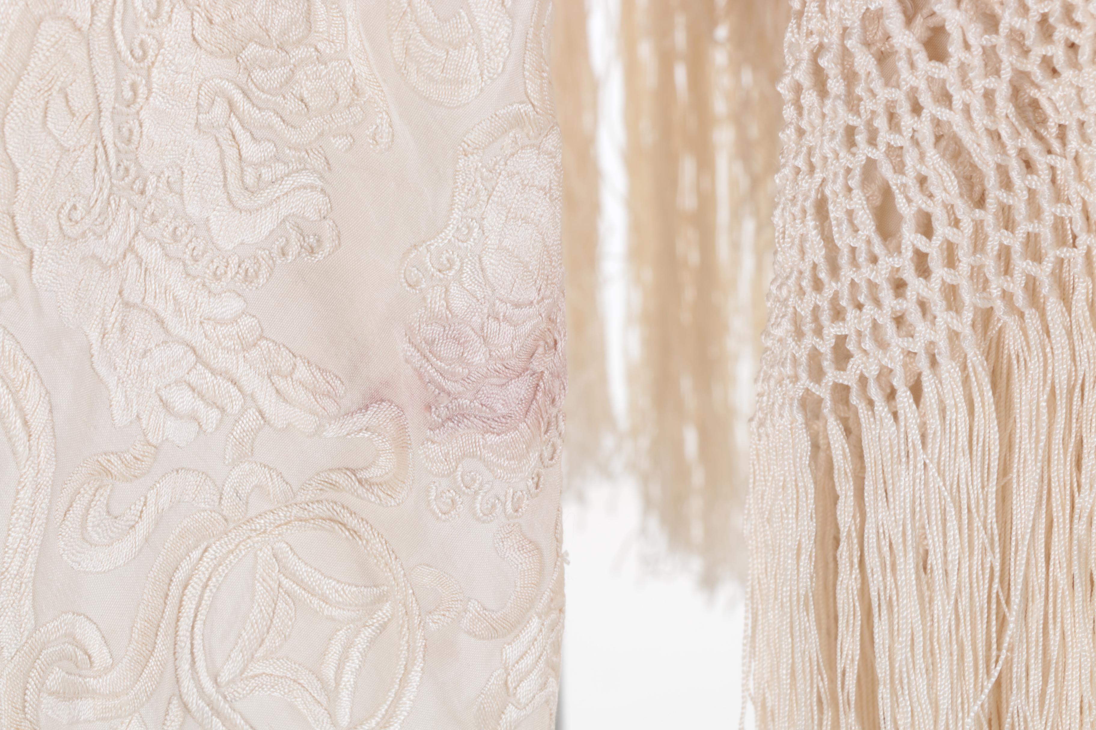 Asian Vintage Silk Ivory Piano Wrap with Hand Embroidery