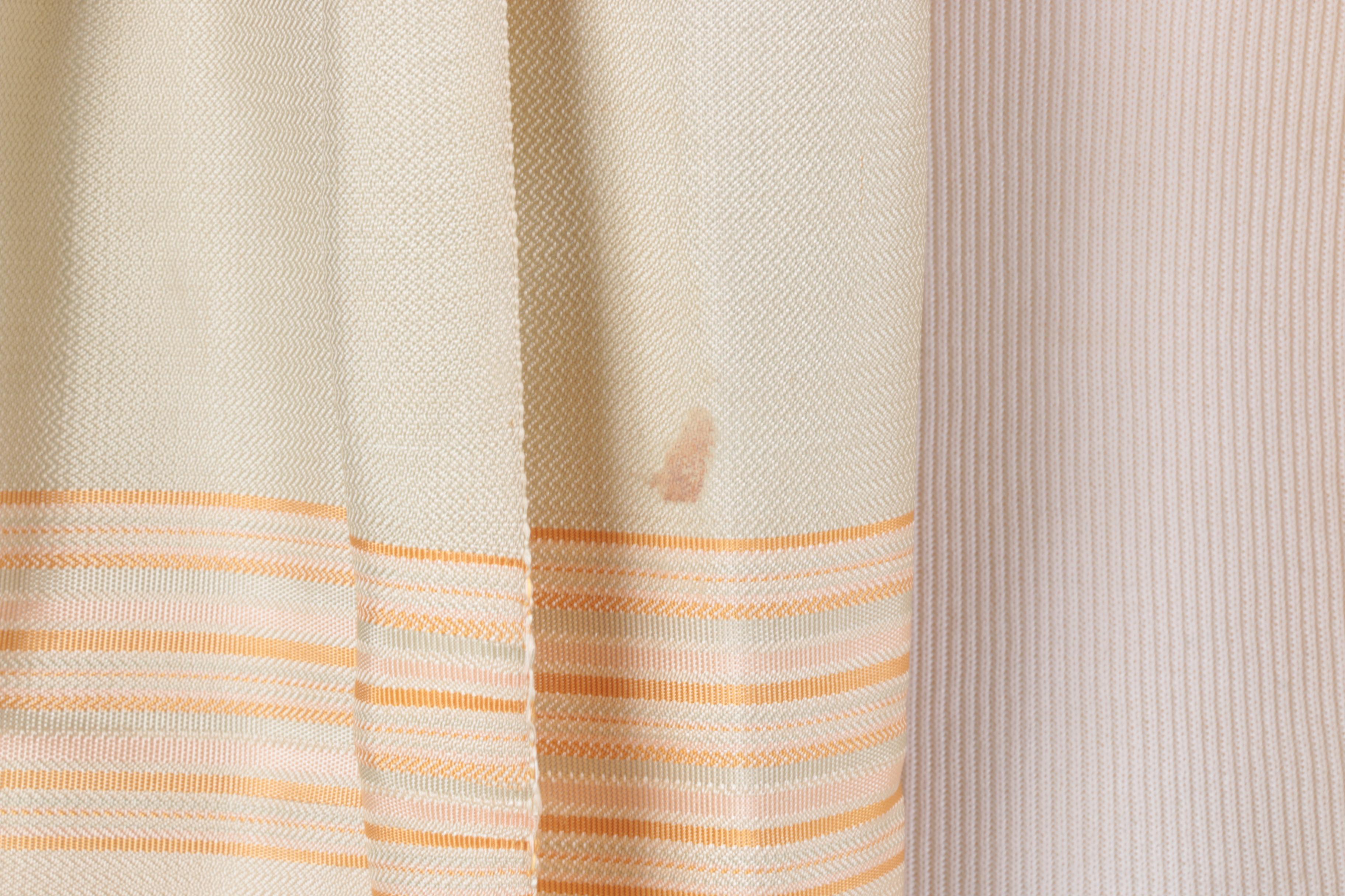 White and Beige Striped Scarf With Fringe