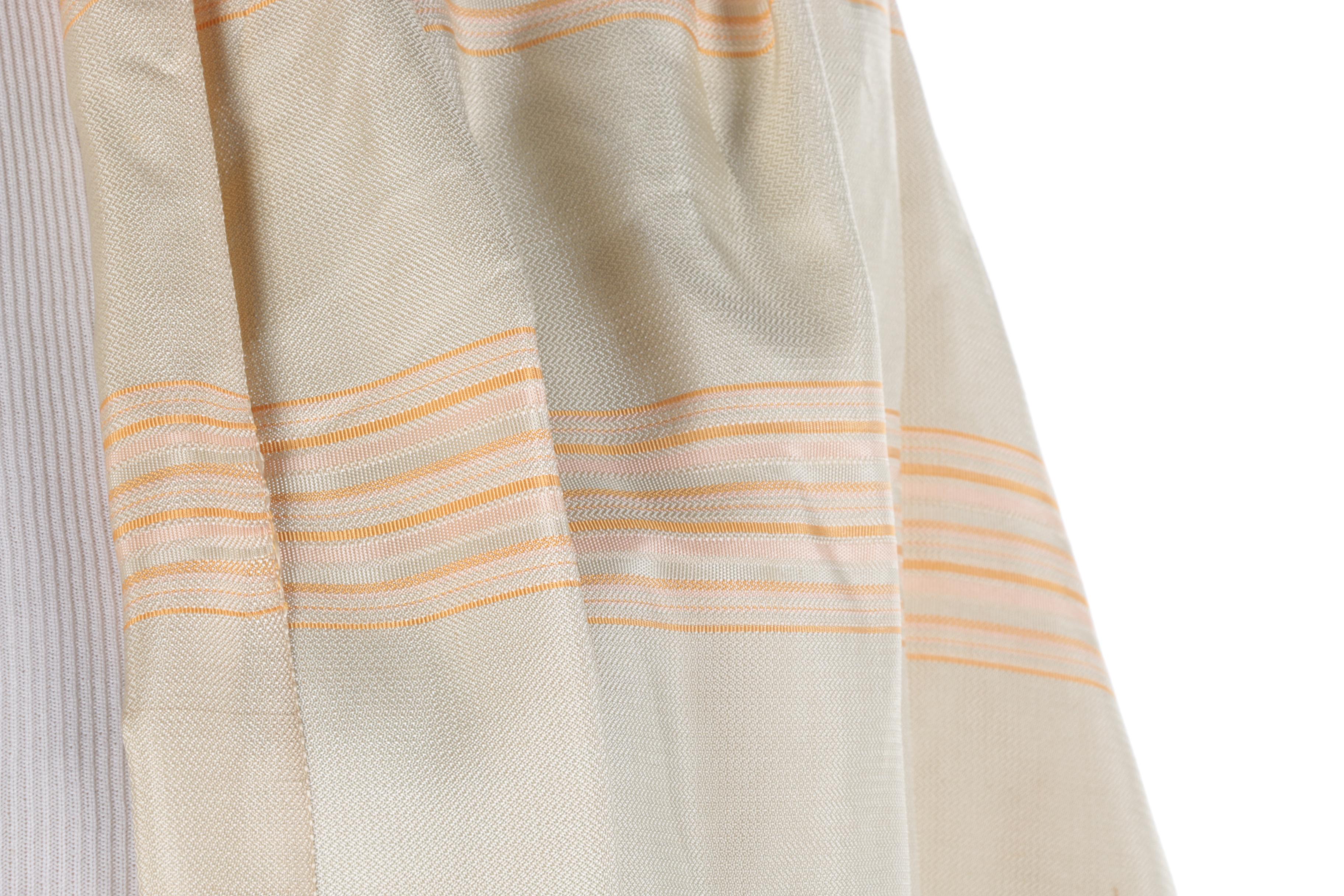 White and Beige Striped Scarf With Fringe