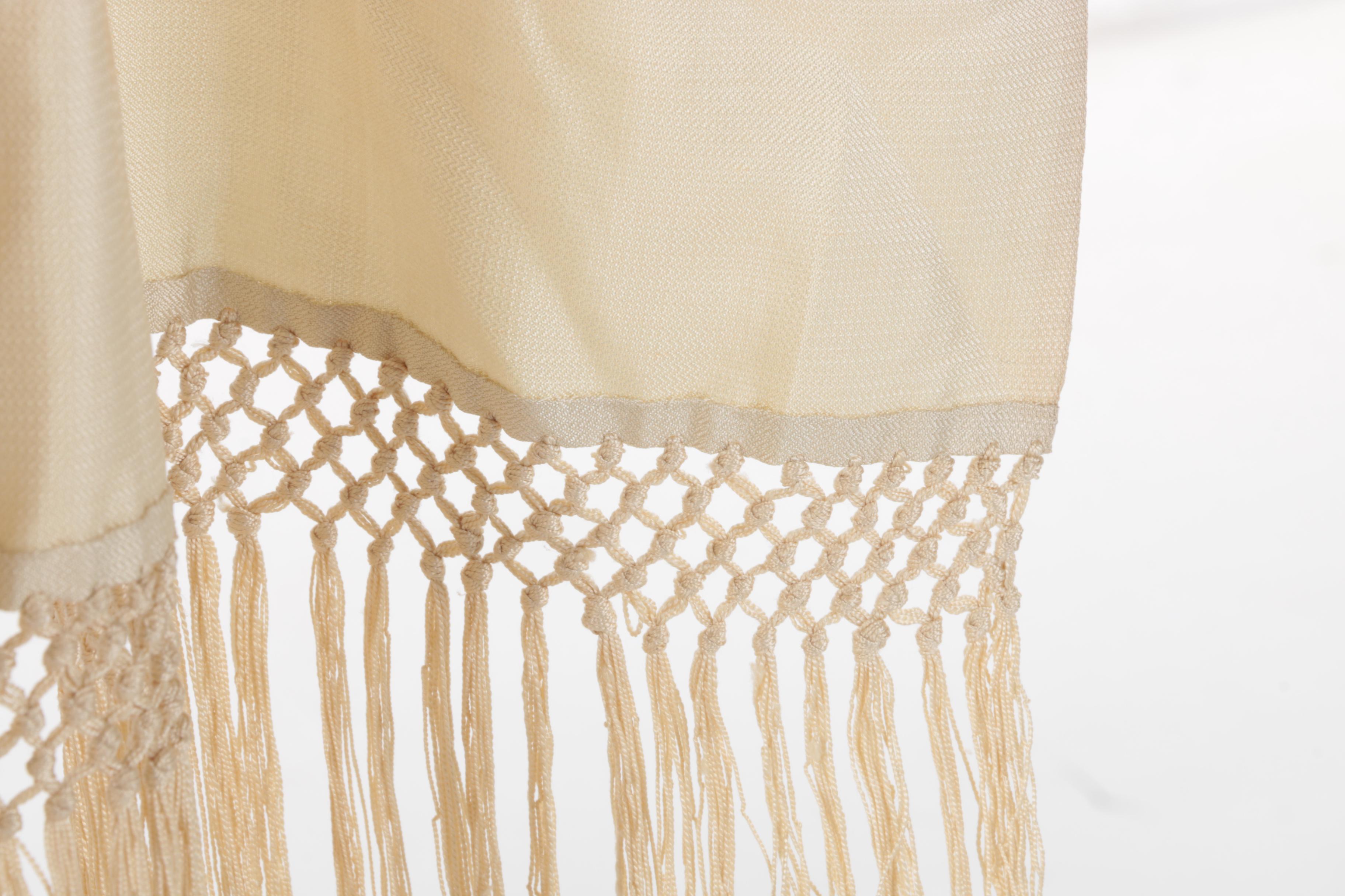 White and Beige Striped Scarf With Fringe