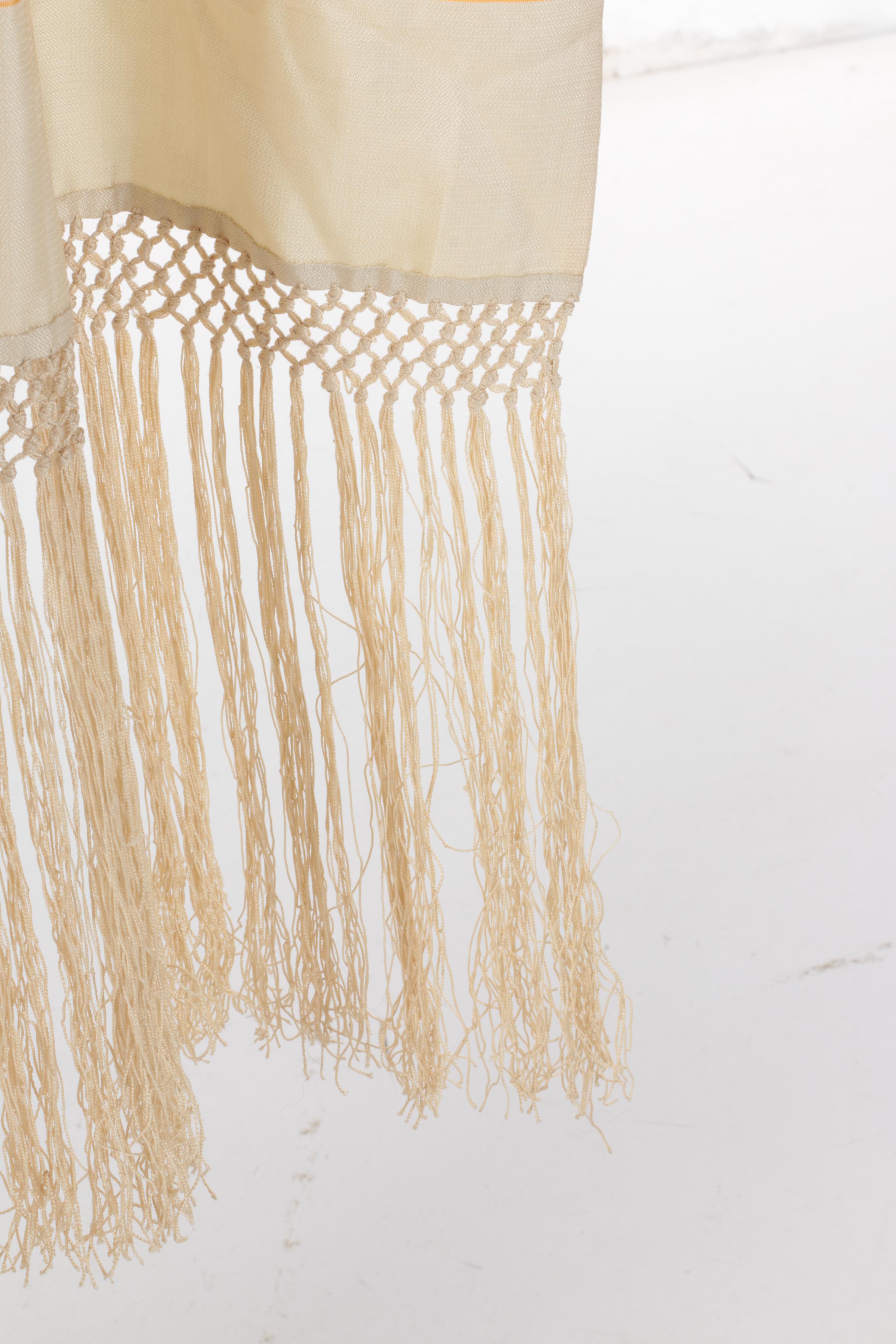 White and Beige Striped Scarf With Fringe