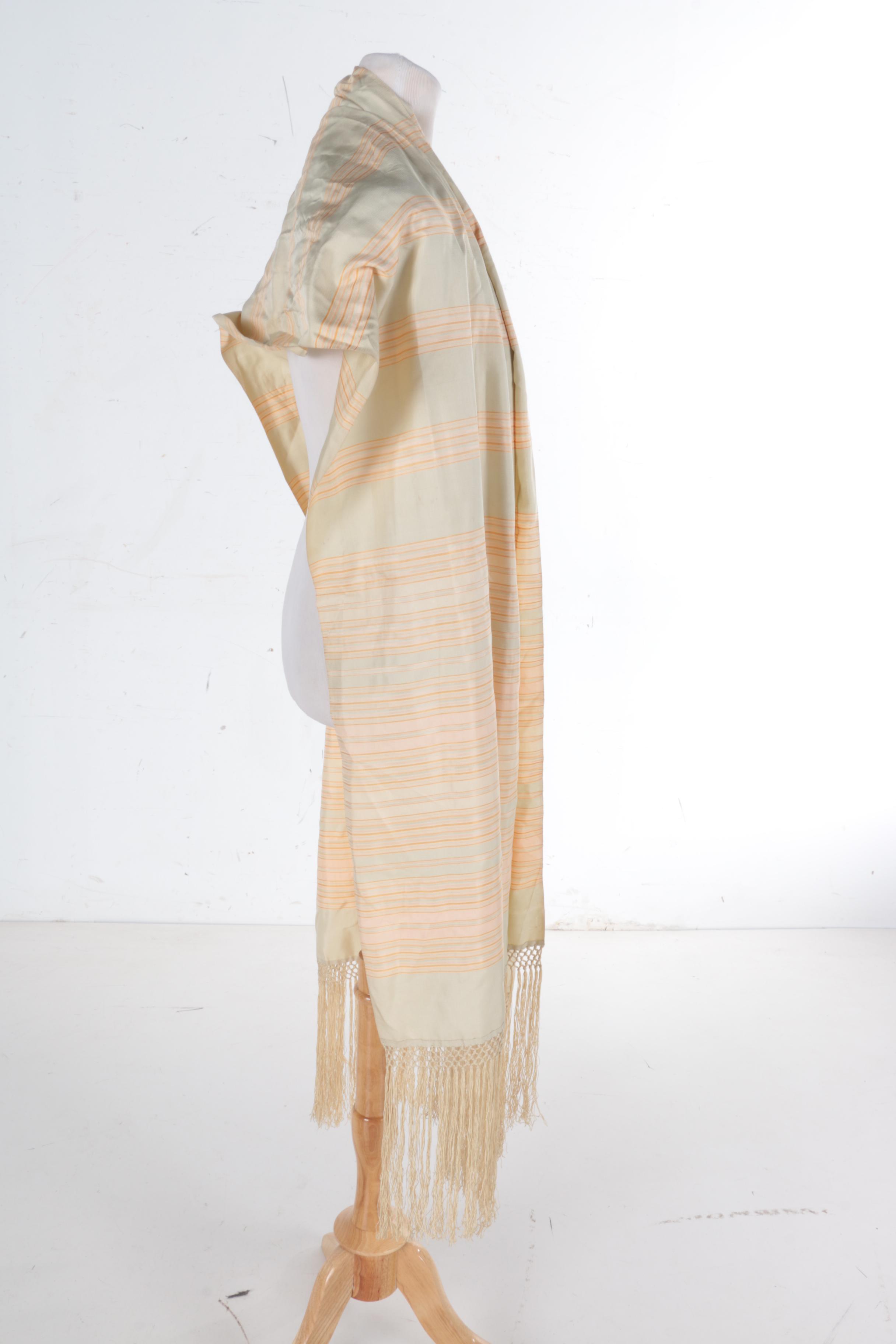 White and Beige Striped Scarf With Fringe