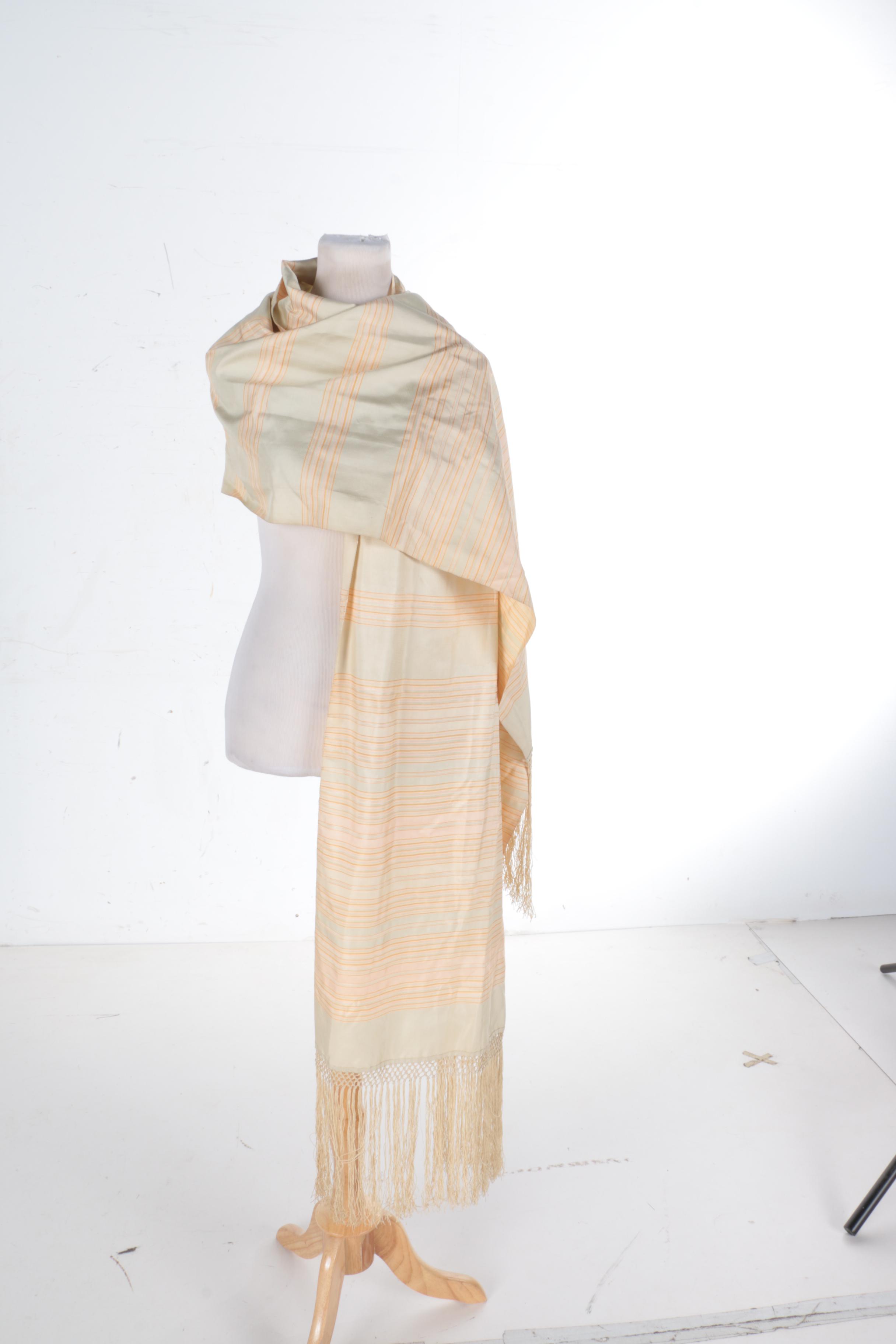 White and Beige Striped Scarf With Fringe