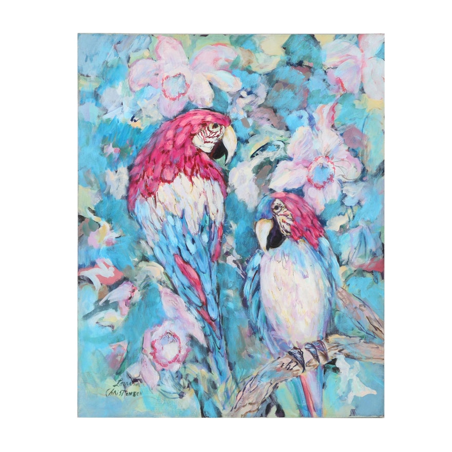 Lorraine Christensen Oil Painting on Canvas of Two Parrots