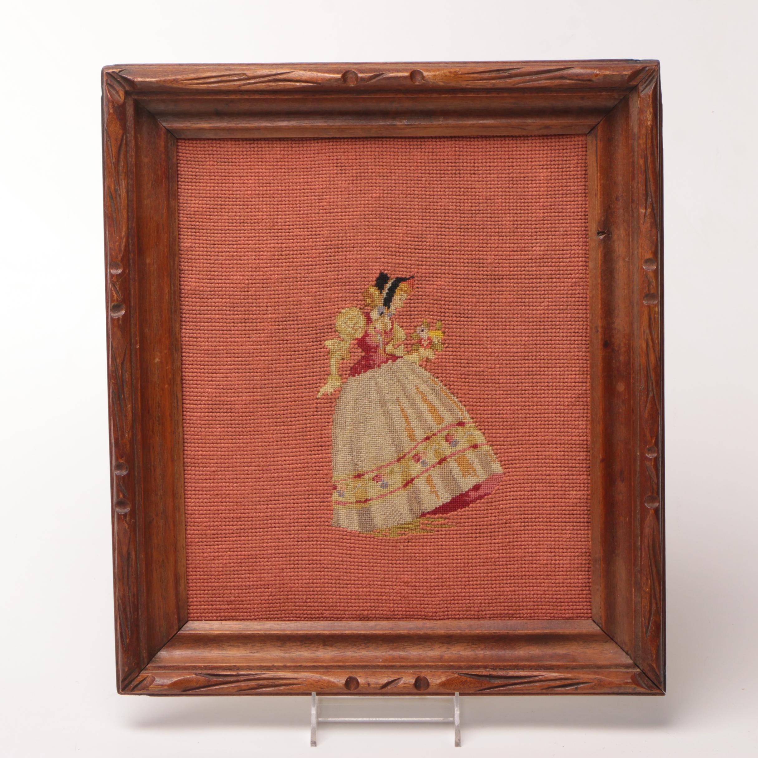 Vintage Framed Needlepoint of a Woman in a Hoop Skirt and Bonnet