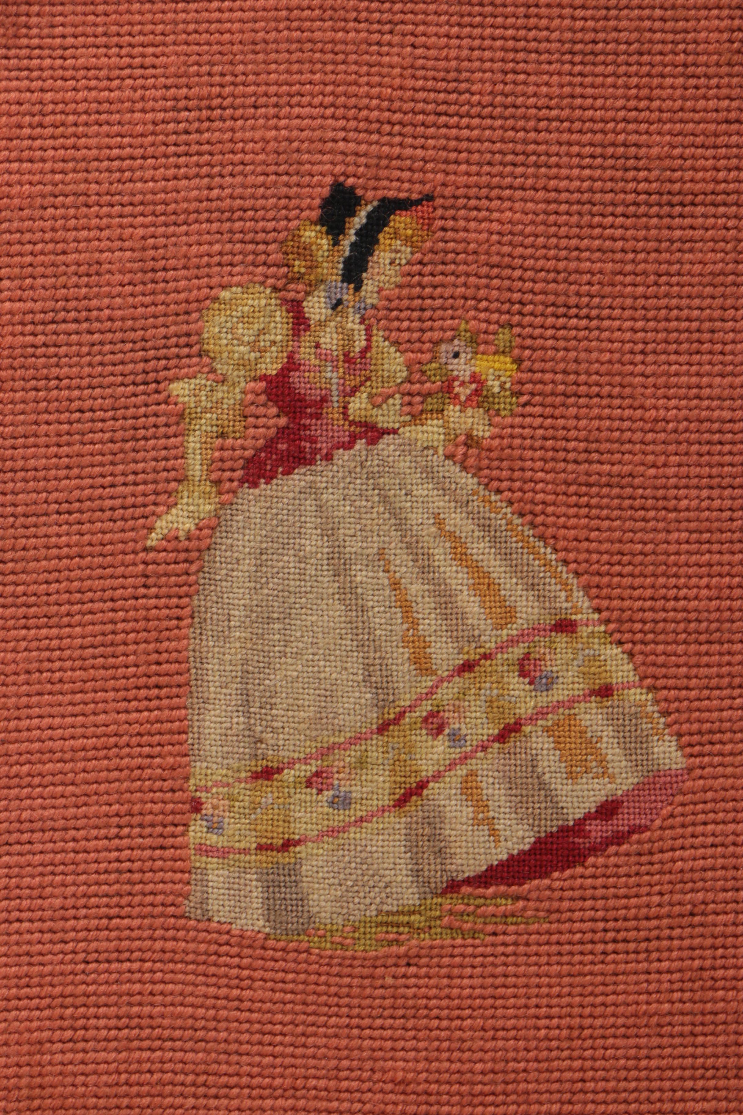Vintage Framed Needlepoint of a Woman in a Hoop Skirt and Bonnet