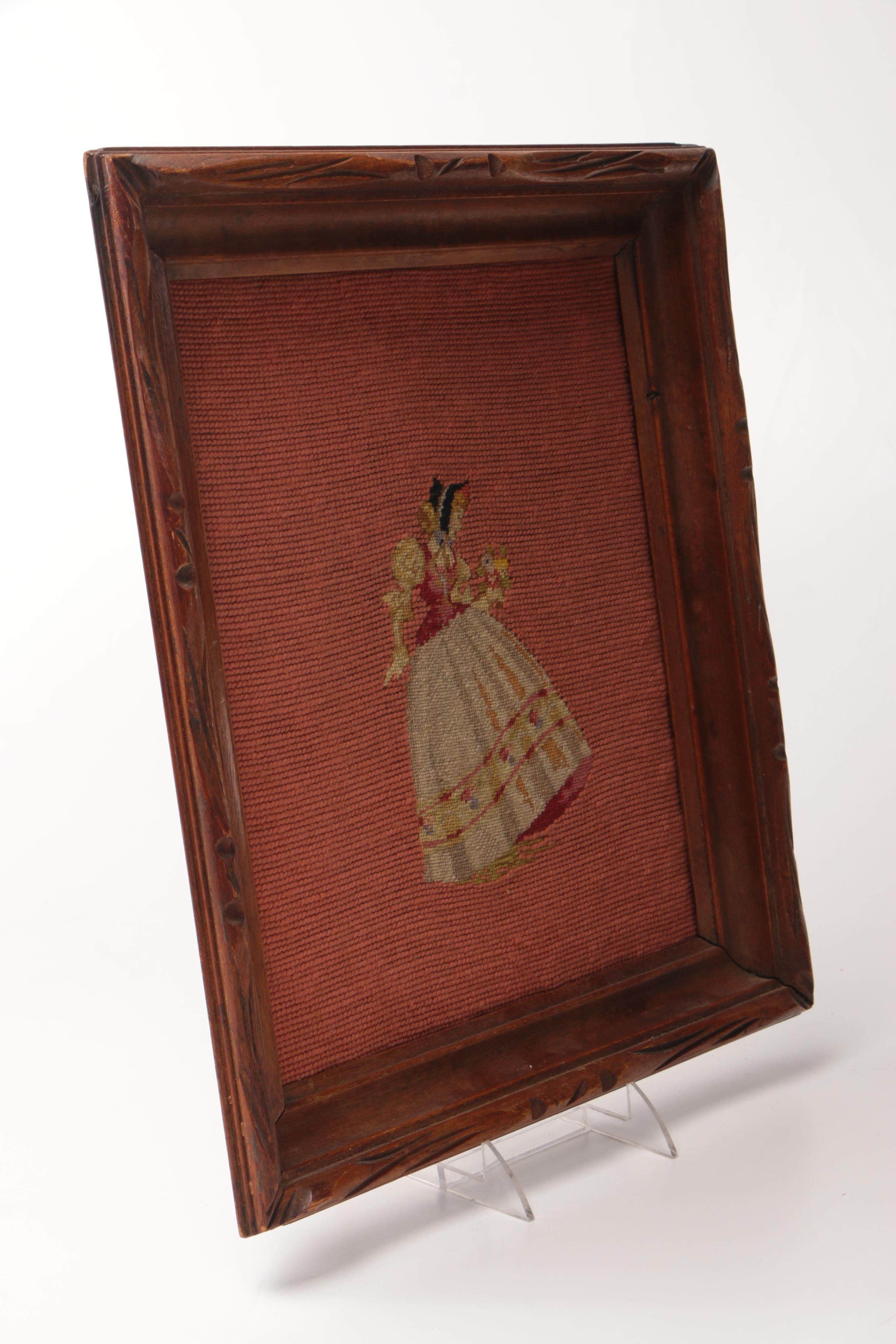Vintage Framed Needlepoint of a Woman in a Hoop Skirt and Bonnet